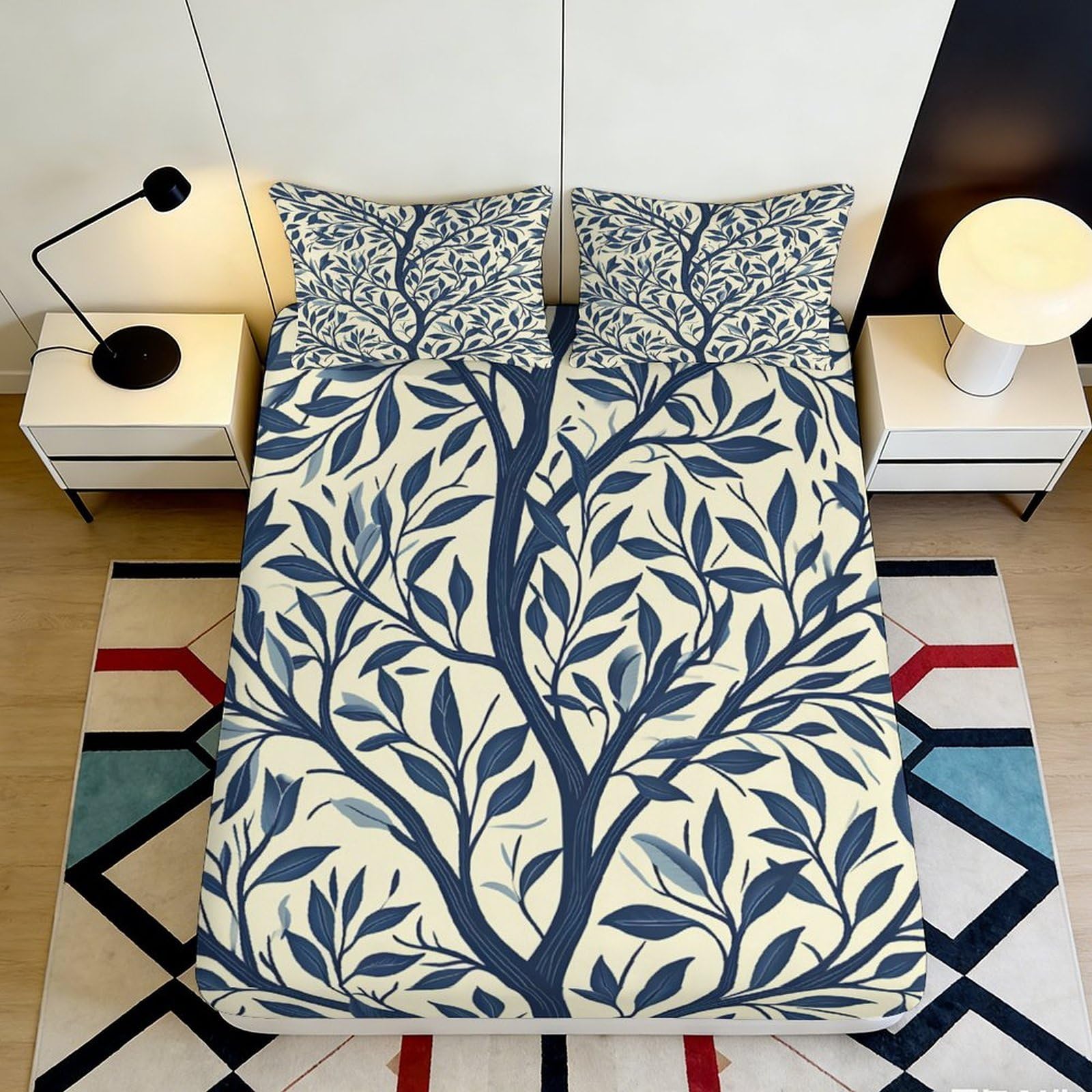 3D Printed Blue Leaf Pattern Fitted Sheet Microfiber Soft Breathable Tree Branch Bed Cover for Bedroom Dormitory Guest Room Mattress Protection 140x200x25cm
