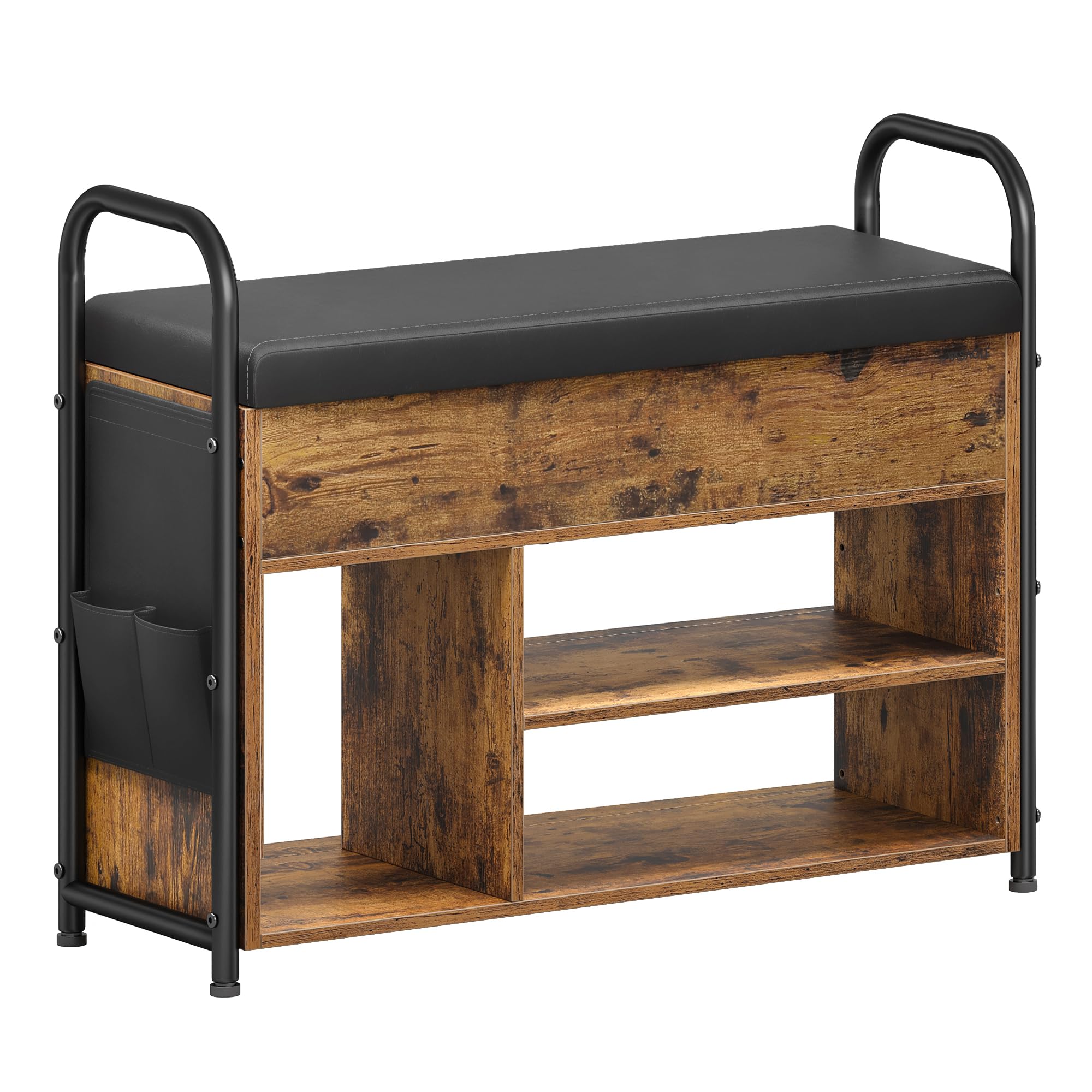 VASAGLE Banco Zapatero, Zapatero, Mueble de Entrada, Almacenamiento Interior Bajo la Tapa, Bolsillos de PU, Cómodas Asas, para Entrada, Salón, Dormitorio, Marrón Rústico y Negro Tinta LSB052K01