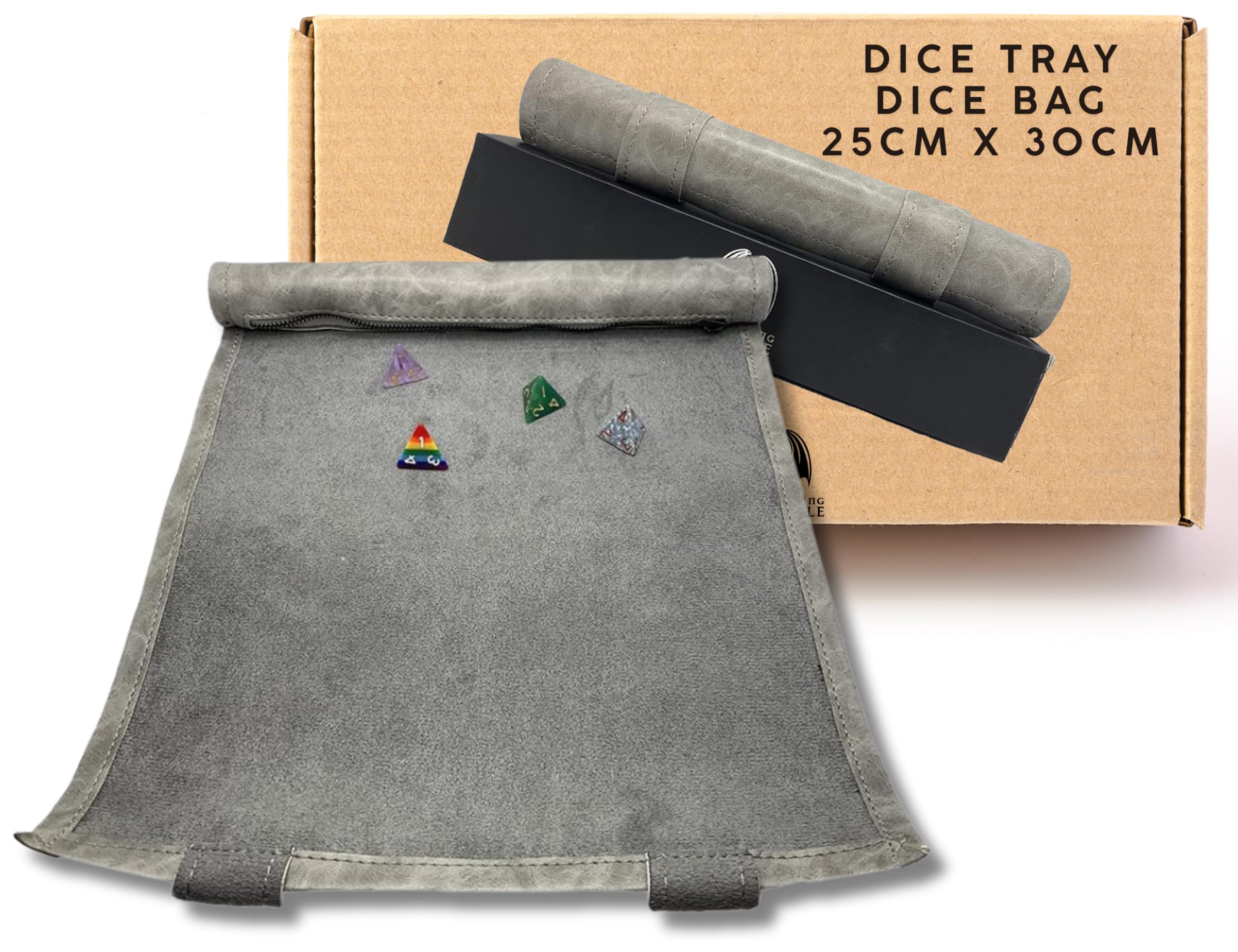 DnD Dice Rolling Tray Set | Dice Scroll DnD Gifts | D&D Dice Bag (Grey)
