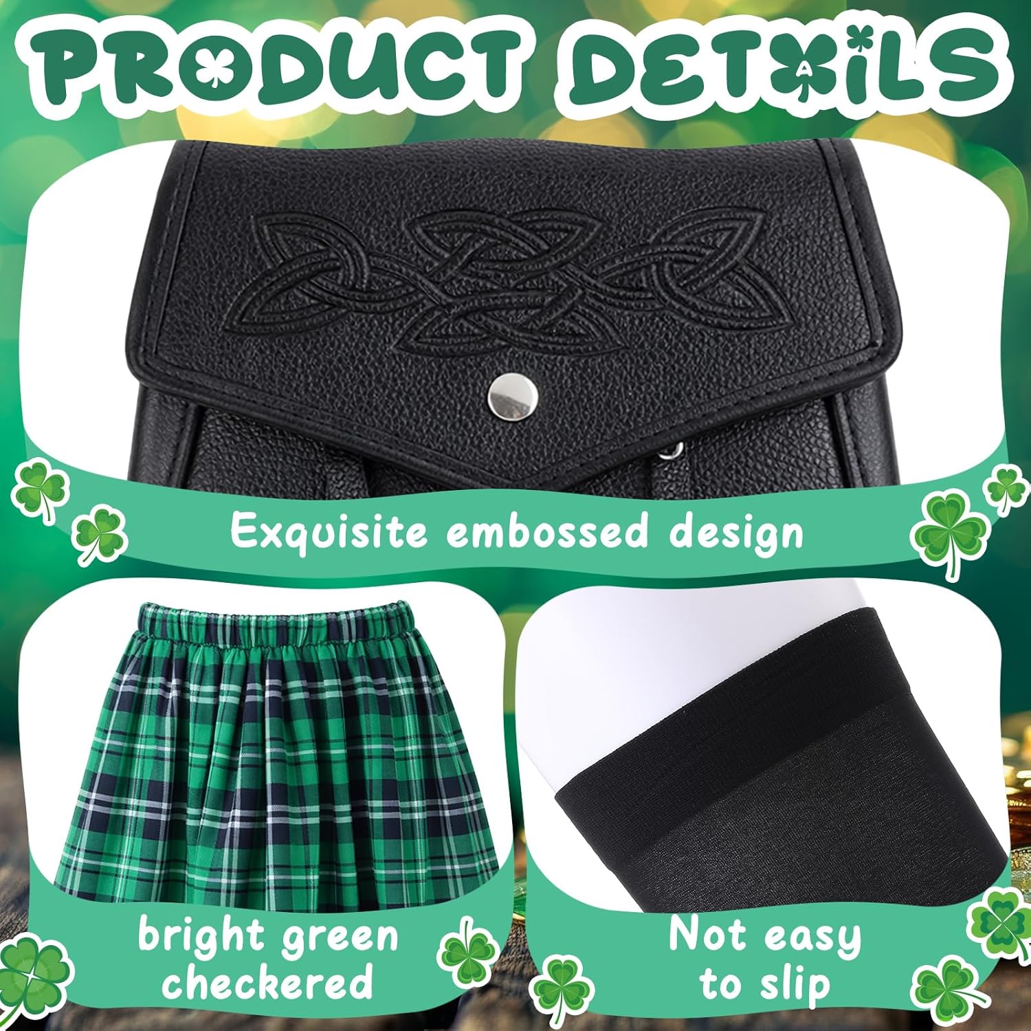 Men's St Patrick's Day Costumes Kit Include Adult Irish Plaid Green Kilt Medieval Sporran Leather Pouch and Socks