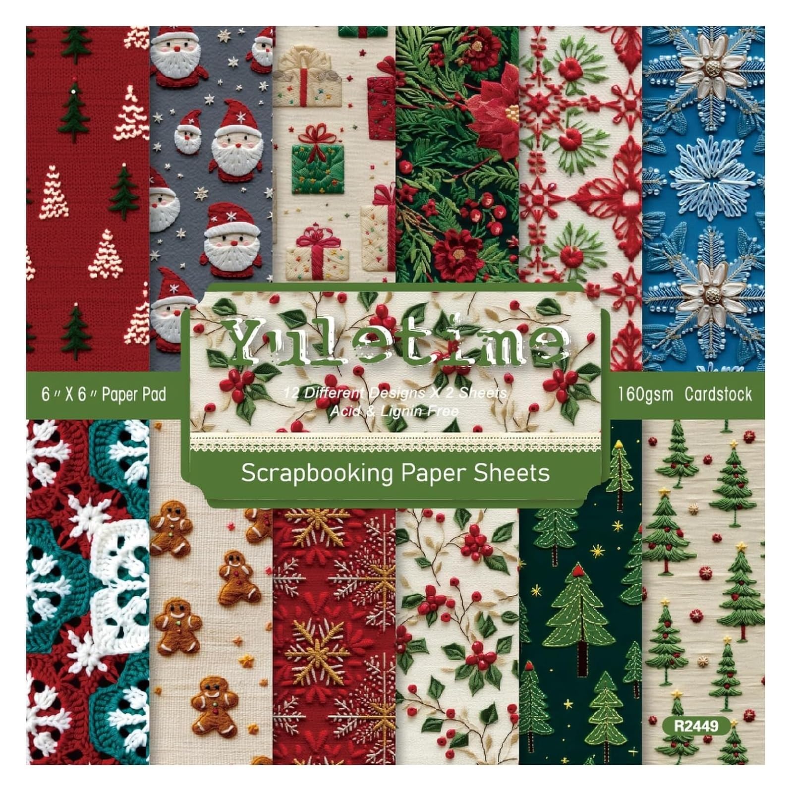 Tło albumu, blok do scrapbookingu, 24 arkusze 6"x6", faktura tkaniny, wydruki świąteczne, jednostronne, 160 g/m2, na święta