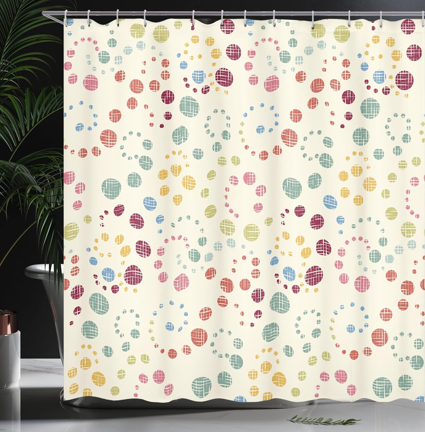Ambesonne Modern Art Shower Curtain, Grunge Effects Polka Dots and Spots on Creamy Backdrop Motif Retro Nostalgic Geometric Print, Fabric Bathroom Decor Set with Hooks, 69" W x 75" L, Beige Burgundy
