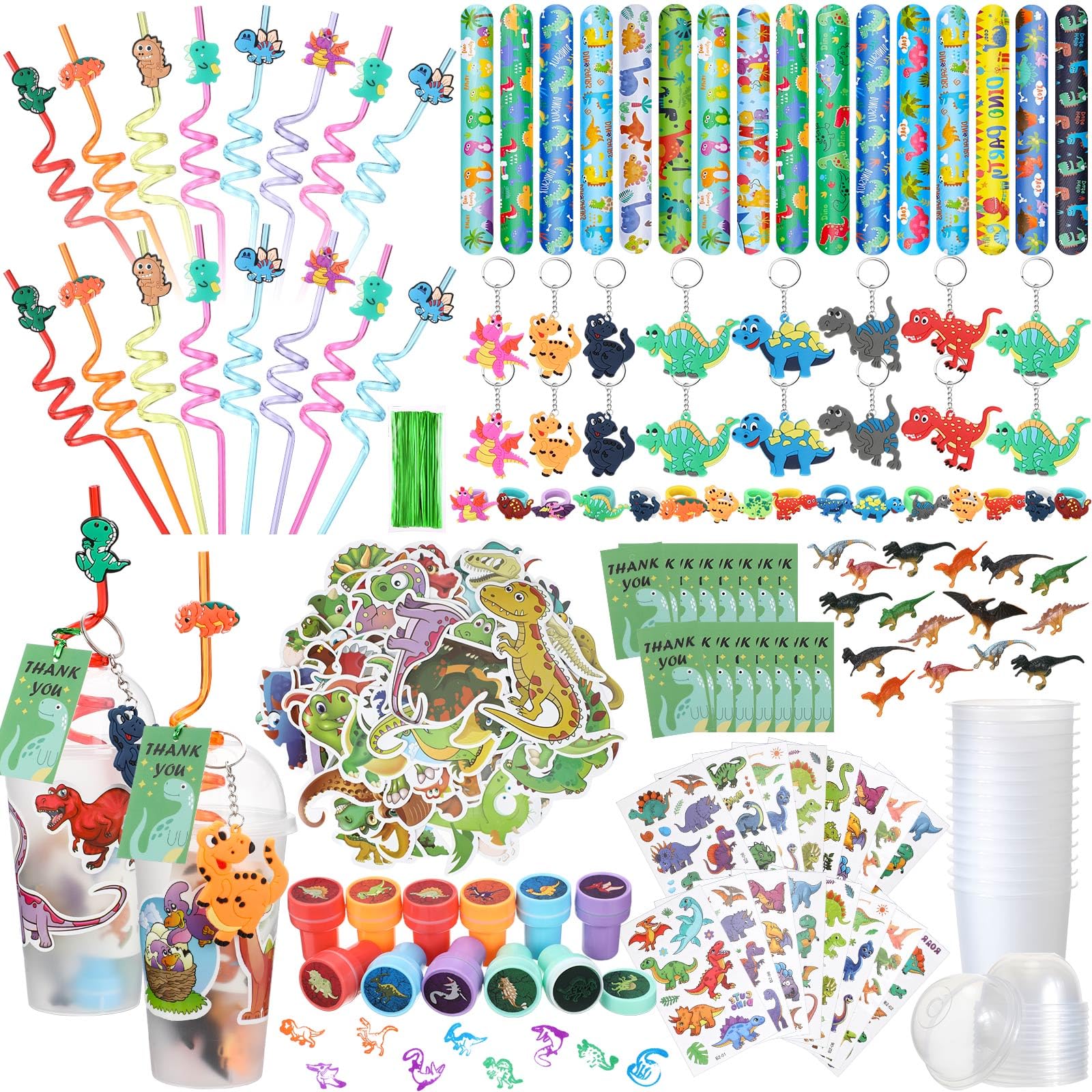 Qilery 195 Pcs Dinosaur Party Favors Includes Plastic Cups with Lids Reusable Straws Keychain Slap Bracelets Rings Stampers Tattoo Stickers Tail Ornaments Stickers Gift Cards Twist Ties