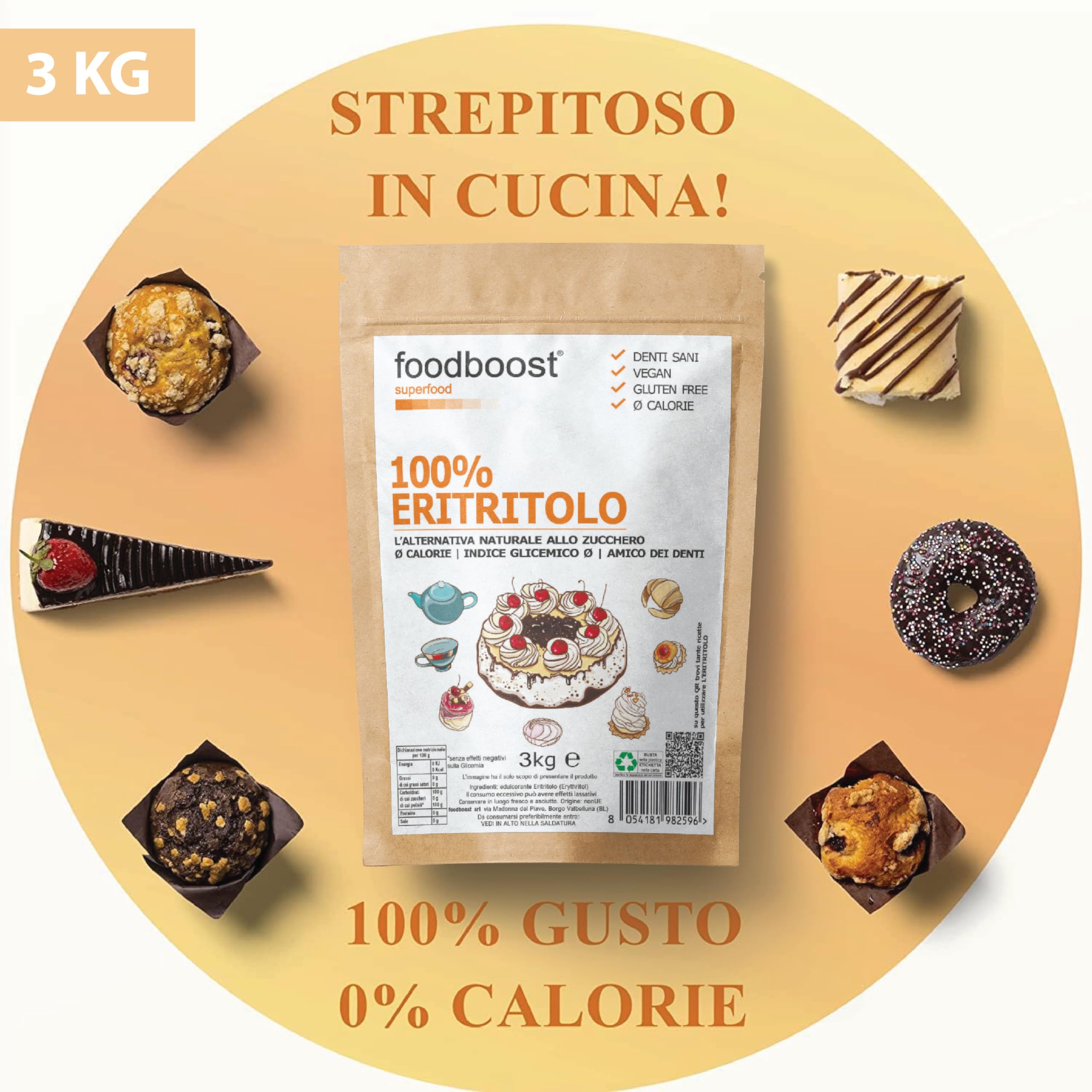 Eritritolo 3Kg foodboost, sostituto dello zucchero, 0kcal - 100% Puro, stesso potere dolcificante dello zucchero da cucina, adatto per diabetici e diete ipocaloriche o bilanciate - 3kg BULK