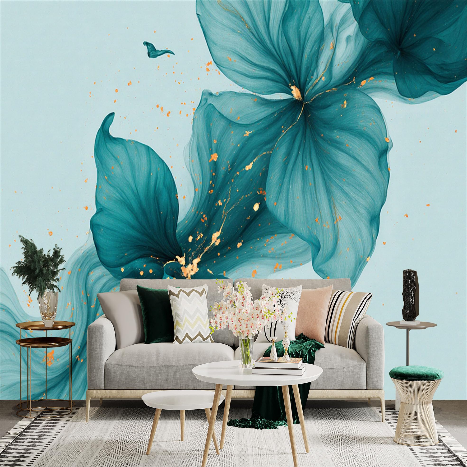 Custom Size Wall Sticker Mural， Teal Fluid Alcohol Ink Flowers， Modern Abstract Gold Foil Accents， Elegant Artistic Home Decor， for wall Decoration， peelandstick wall Decals.
