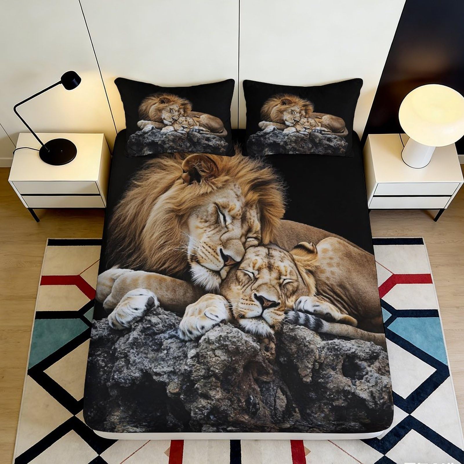 3D Printed Lion Pattern Fitted Sheet Microfiber Soft Breathable Sleeping Lions Bed Cover for Bedroom Dormitory Guest Room Mattress Protection Decor 180x200x25cm