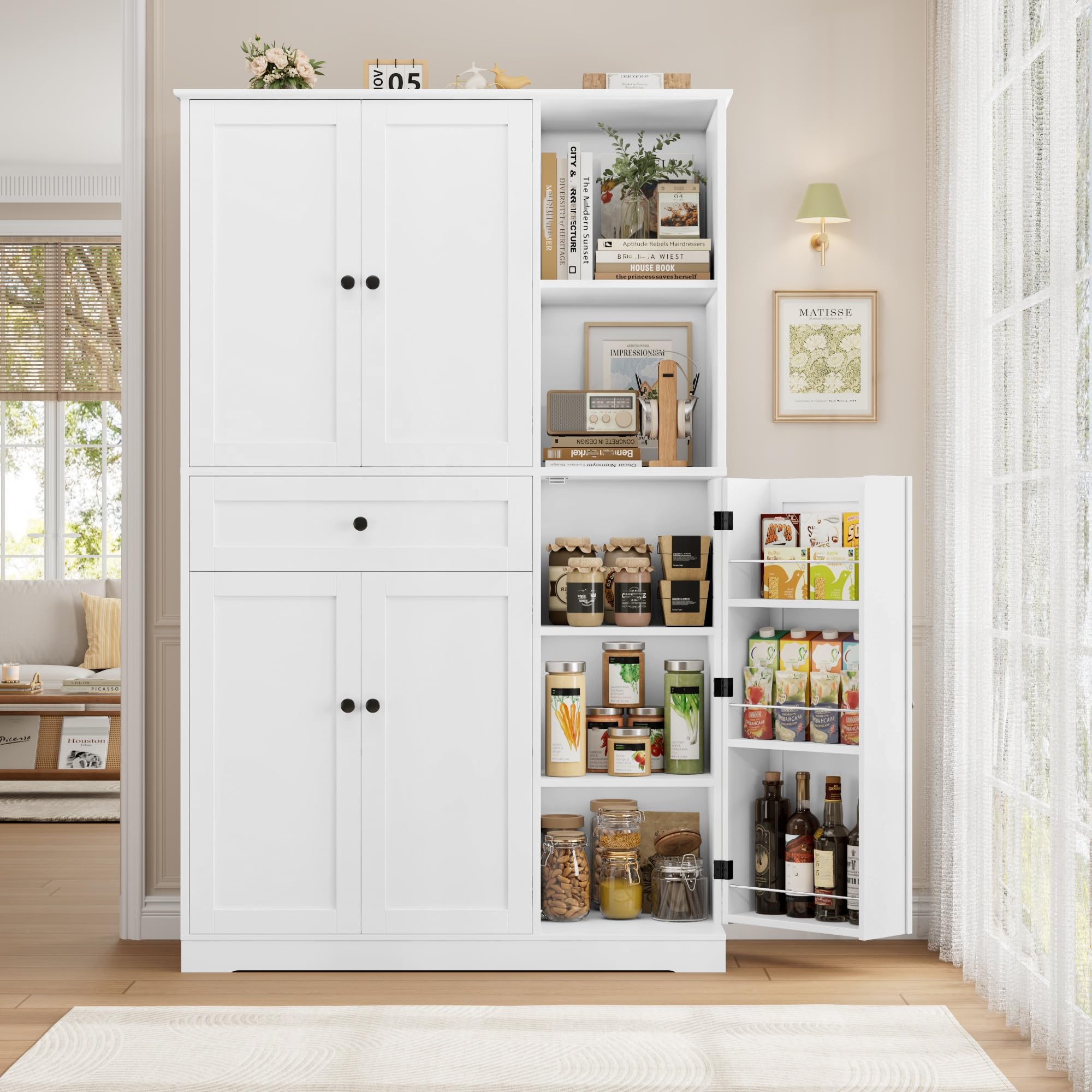 FirFurd Buffet Haut Cuisine Meuble Rangement Vaisselier avec 5 Portes Blanc | 104x40x173cm, Porte avec étagère à épices, Armoire meuble cuisine avec 13 étagères, 1 tiroir, Pour salle à manger, salon