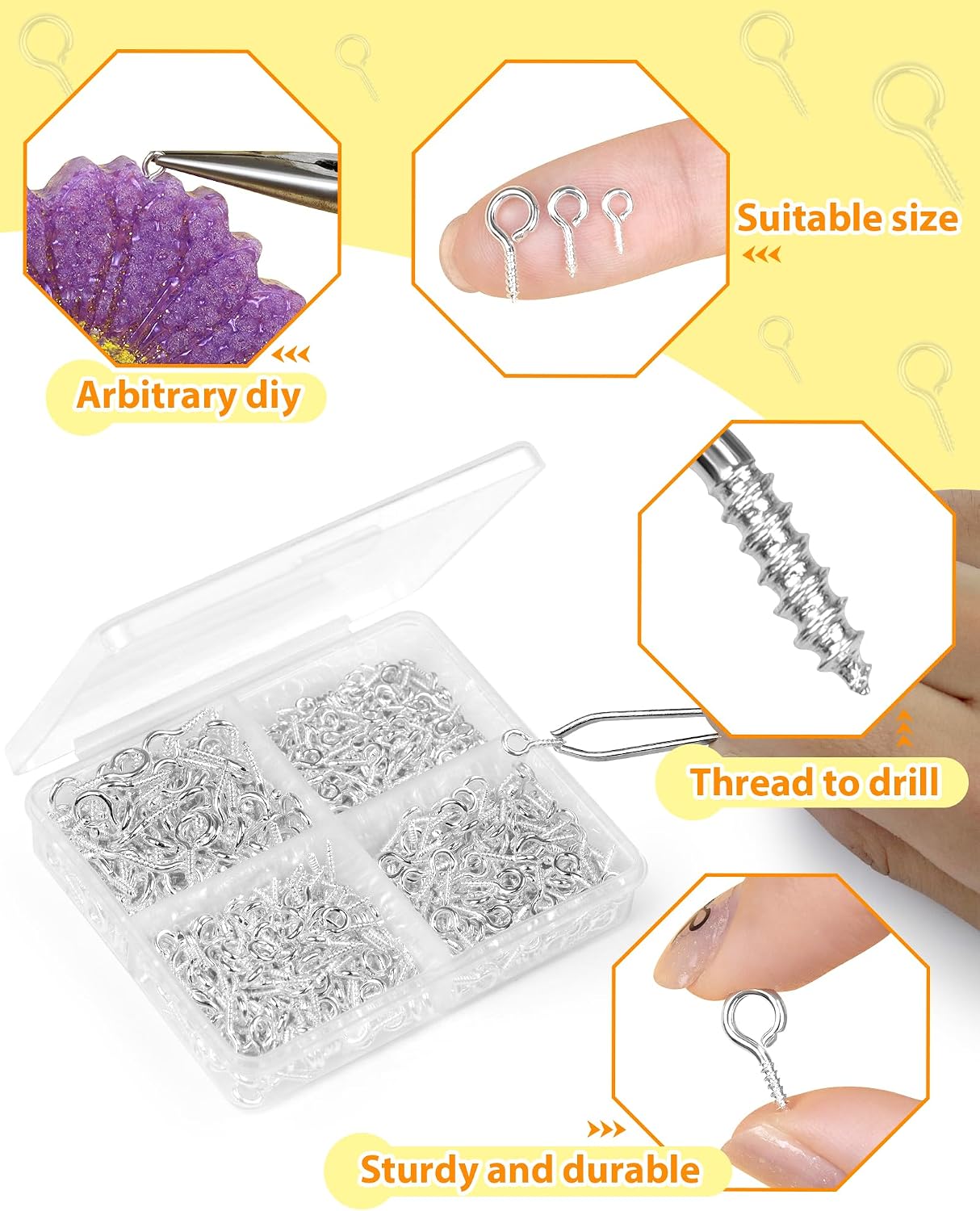 Small Eye Pins for Jewelry Making & DIY Crafts Silicone Beads Set- 15mm & 12mm Round, Lentil, Hexagonal, Print, Cow Focal Beads