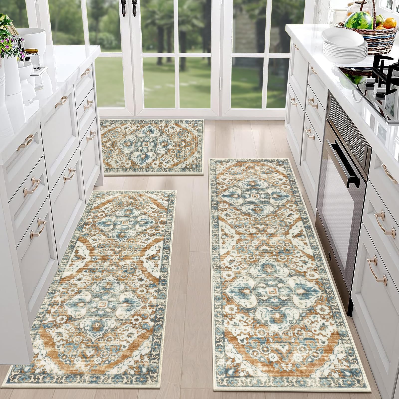 HEBE Farmhouse Kitchen Rug Sets of 3 Non Slip Washable Kitchen Rugs and Mats for Floor Boho Floor Carpet Runner for Kitchen, Laundry, Hallways