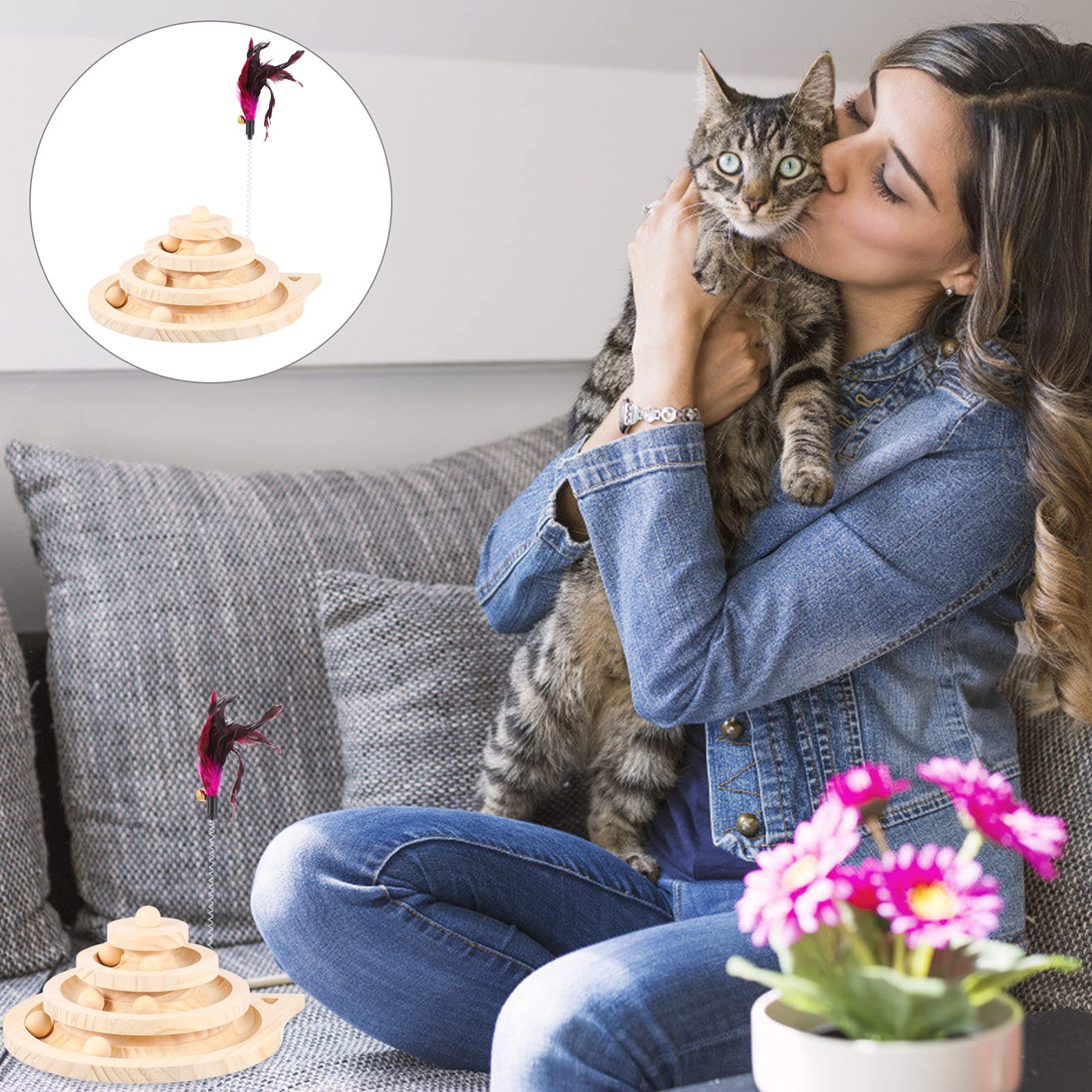 TOYANDONA Juguetes para Gatos de Madera con Plato Giratorio de Juguete para Gatitos con Bola de Seguimiento para Entretenimiento el Hogar