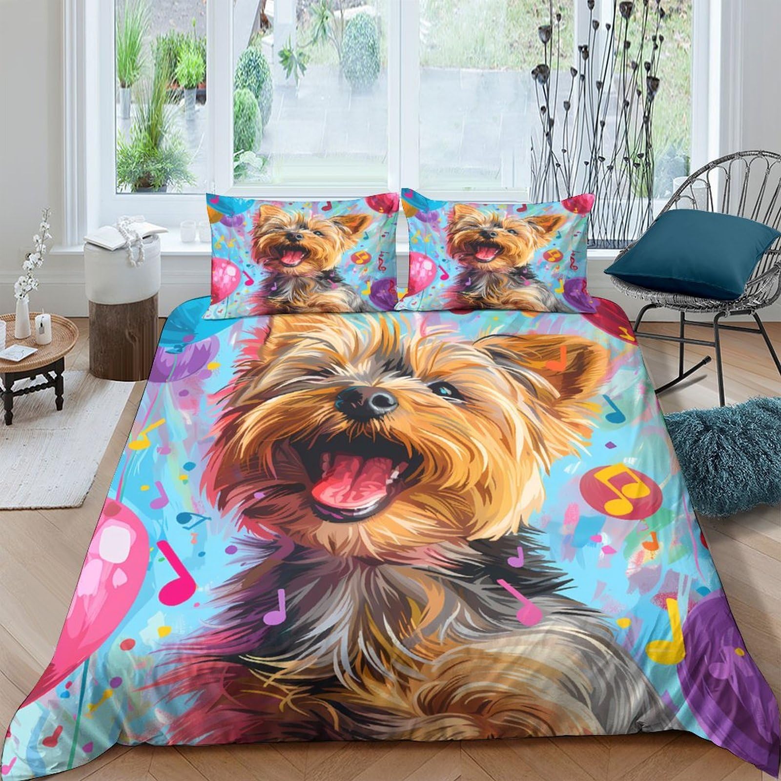 Ctjqhvkz Style-4 3D Printed Colorful Yorkshire Terrier Fitted Sheet Microfiber Soft Bedroom Decor Dog Pattern Mattress Cover Single（135X200cm）