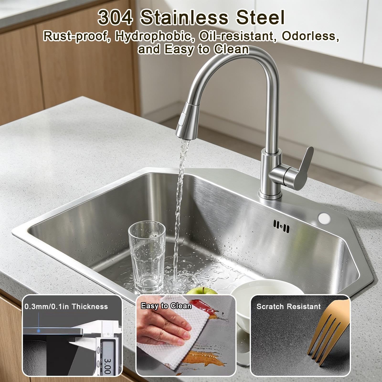Lavello Cucina 1 Vasca con Rubinetto Estraibile, Acciaio Inox 304