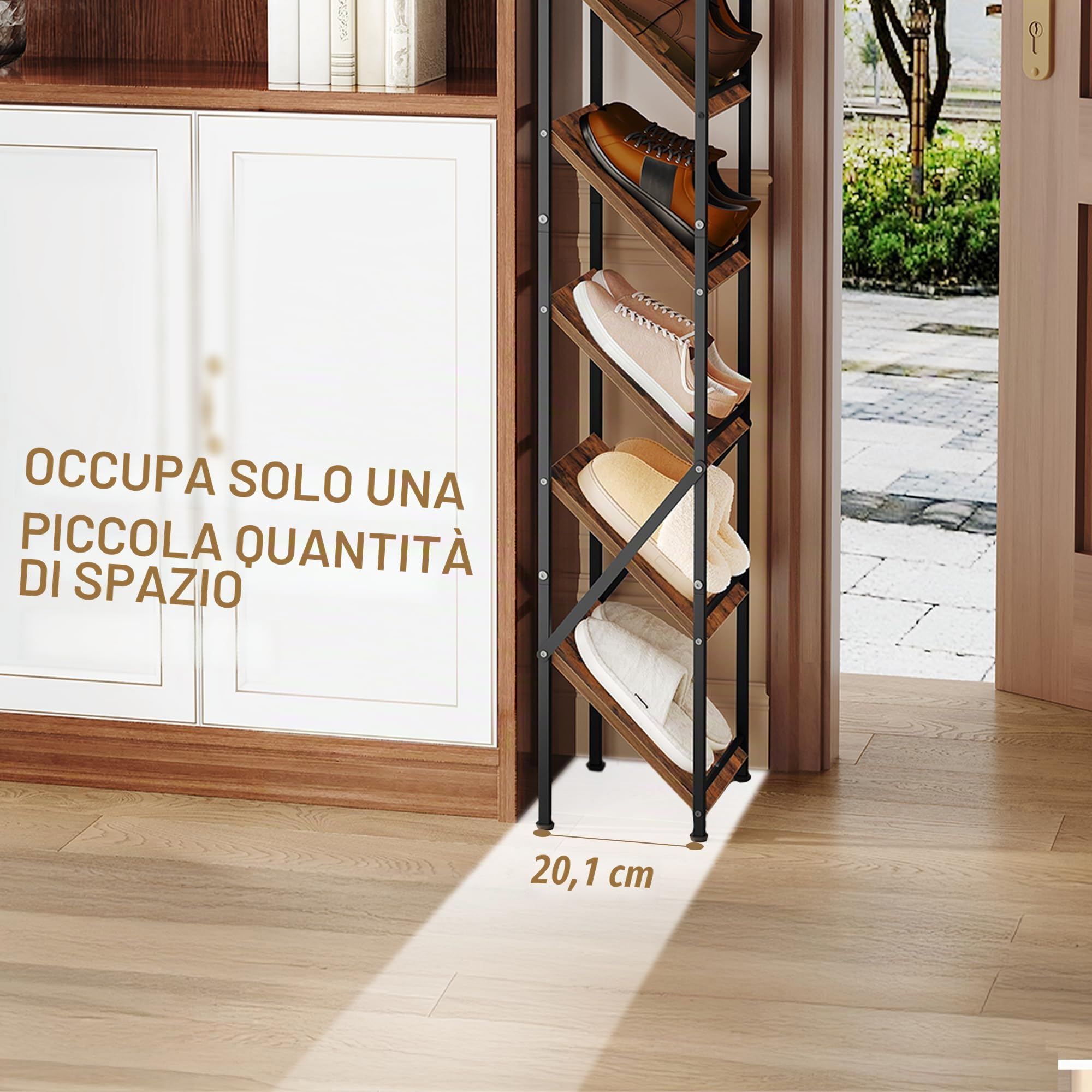 Hzuaneri Scarpiera Verticale, 9 Livelli, 2 Modalità Regolabili | Stretta Scarpiera in ferro e Legno, 26,5 x 27,5 x 185 cm, Salvaspazio, per Ingresso, Corridoio, Soggiorno, Marrone Rustico
