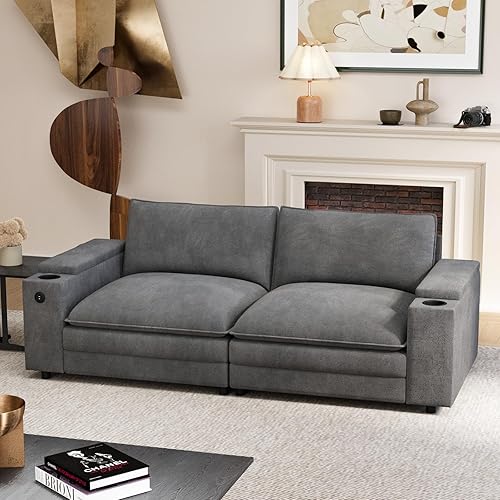 Sofá Cloud de 115 pulgadas con otomana, reposabrazos de almacenamiento, portavasos, puertos USB y tipo C, cojines de resorte, marco de madera