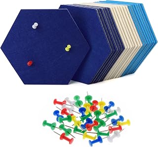 HonGien 21 Pieces Hexagone Felt Pin Board Bulletin Board Memo Board with 30 Multi-Color Push Pins for Home Office DIY Wall Decor, 17.4 x 15cm, Blue and White
