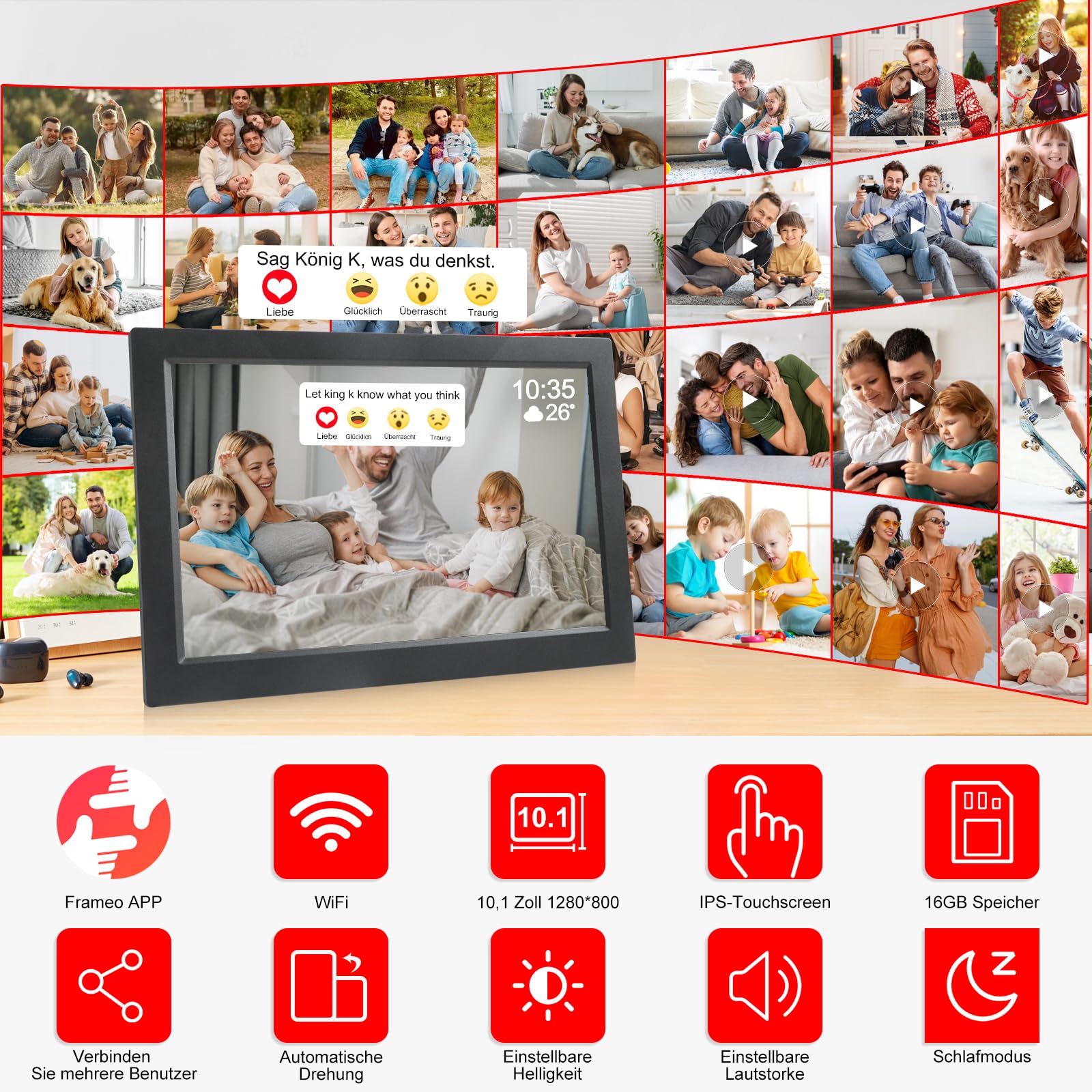 FRAMEO 10,1 Zoll Digitaler Bilderrahmen WLAN, 1280x800 HD IPS LCD Touchscreen Smart Cloud-Fotorahmen mit 16GB Speicher, Auto Drehung, Einfache Weitergabe von Fotos Videos über Frameo App