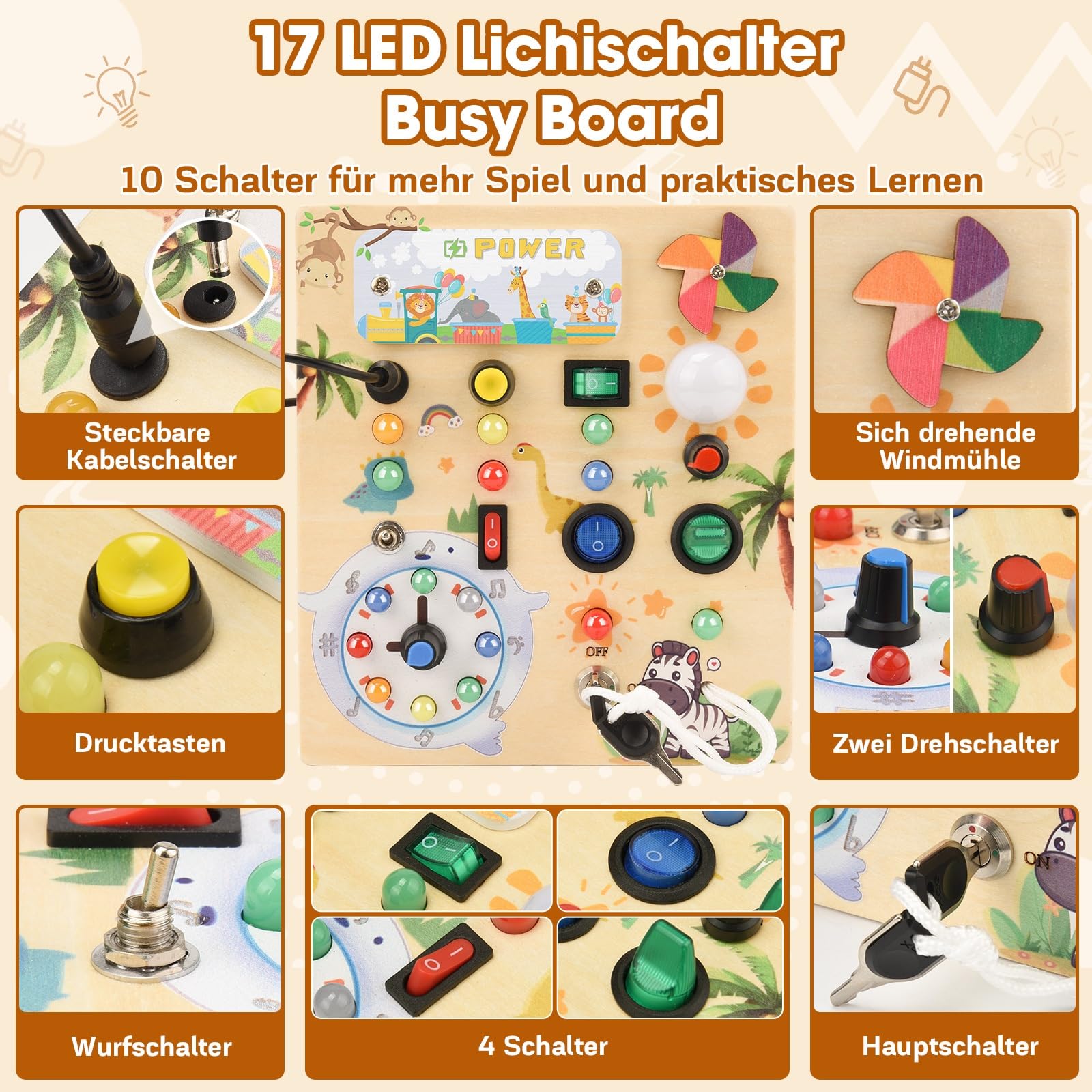 MILFECH Montessori Spielzeug Busy Board, Aktivitätsbrett Holzspielzeug mit 10 Schaltern und 17 LED-Lichtern Sensorik Spielzeug Motorikspielzeug für Babys Kinder ab 1 2 3 Jahr(Massivholz)