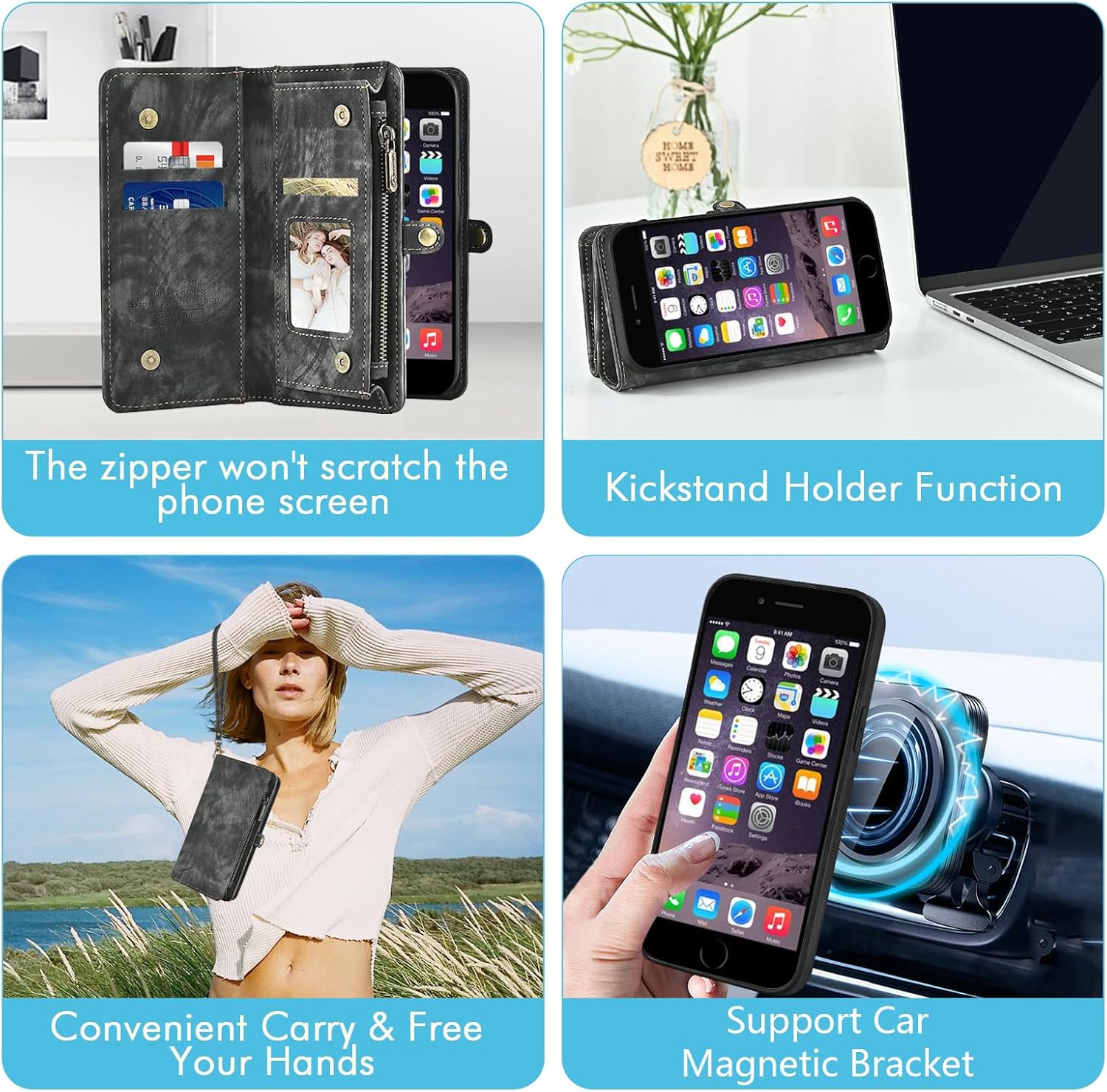 Asuwish Phone Case for iPhone 6 6s Zipper Wallet Detachable Cell Cover with Tempered Glass Screen Protector Strap Flip Card Holder Slot iPhone6 Six i6 S iPhone6s i Phone6s Phone6 6a S6 6SE Women Black