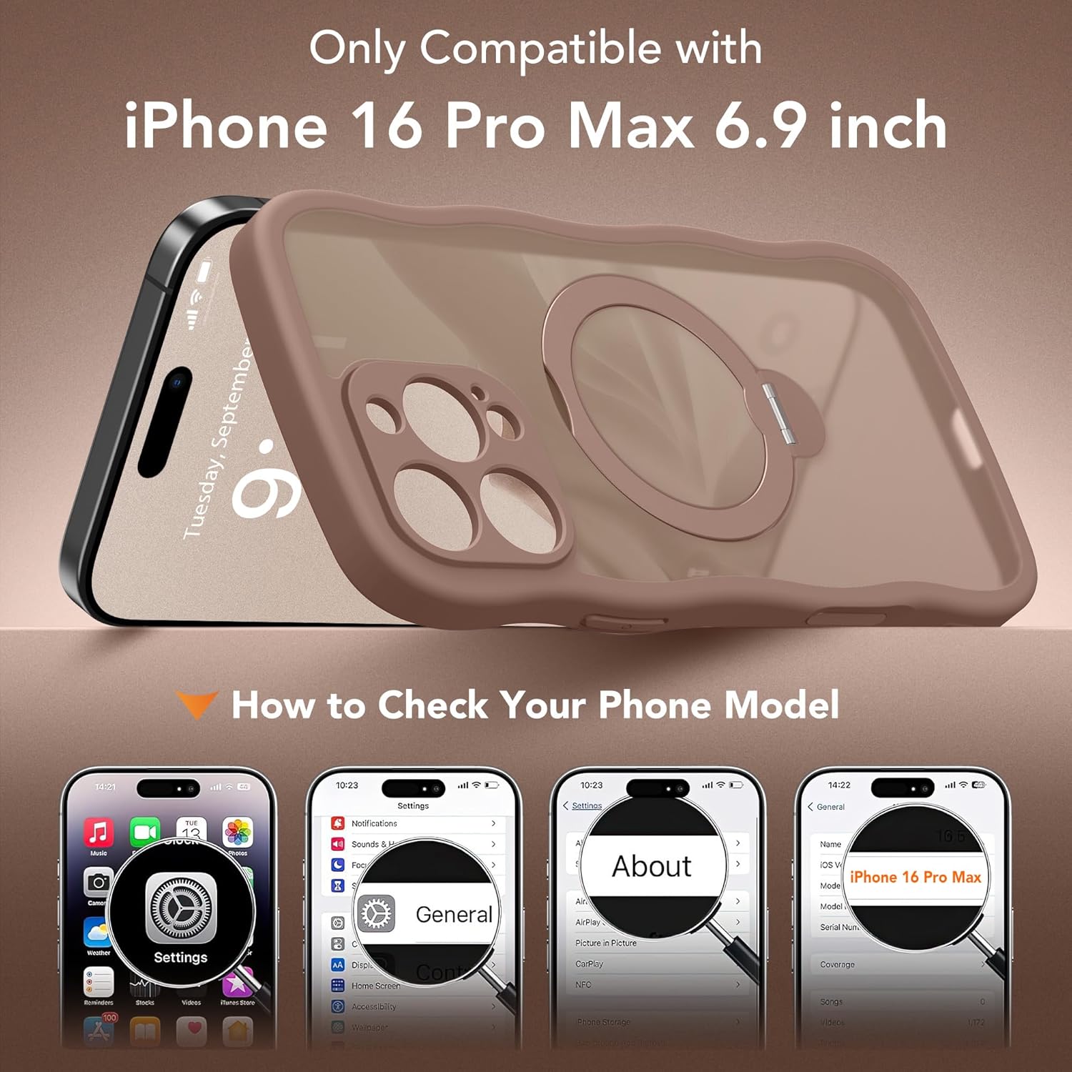 GolbinBox for iPhone 16 Pro Max Case for Women,[Compatible with Magsafe][360° Spin Magnetic Stand][Cute Wave Edge][Military-Grade Protection] Translucent Matte Phone Case for iPhone 16 ProMax, Brown - Image 2