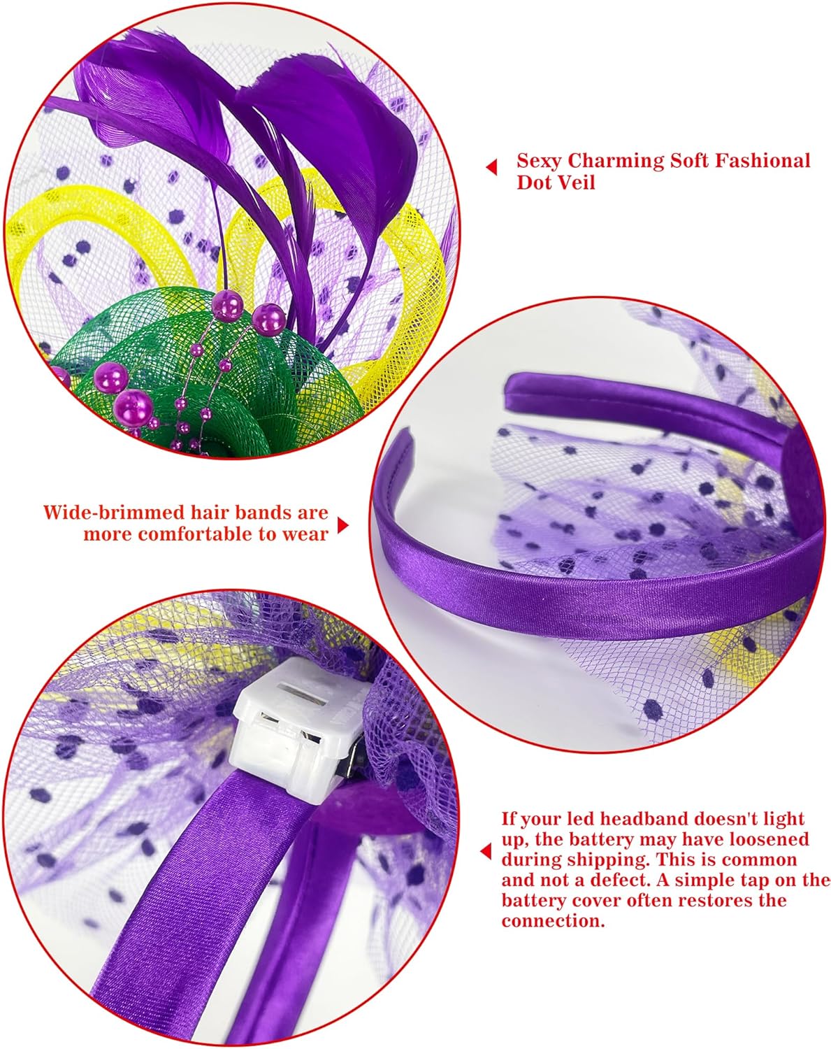 Mardi Gras Fascinator Hat for Women LED Light up Tea Party Hats Mesh Veil Headband Cocktail Hat Halloween Party - Image 4