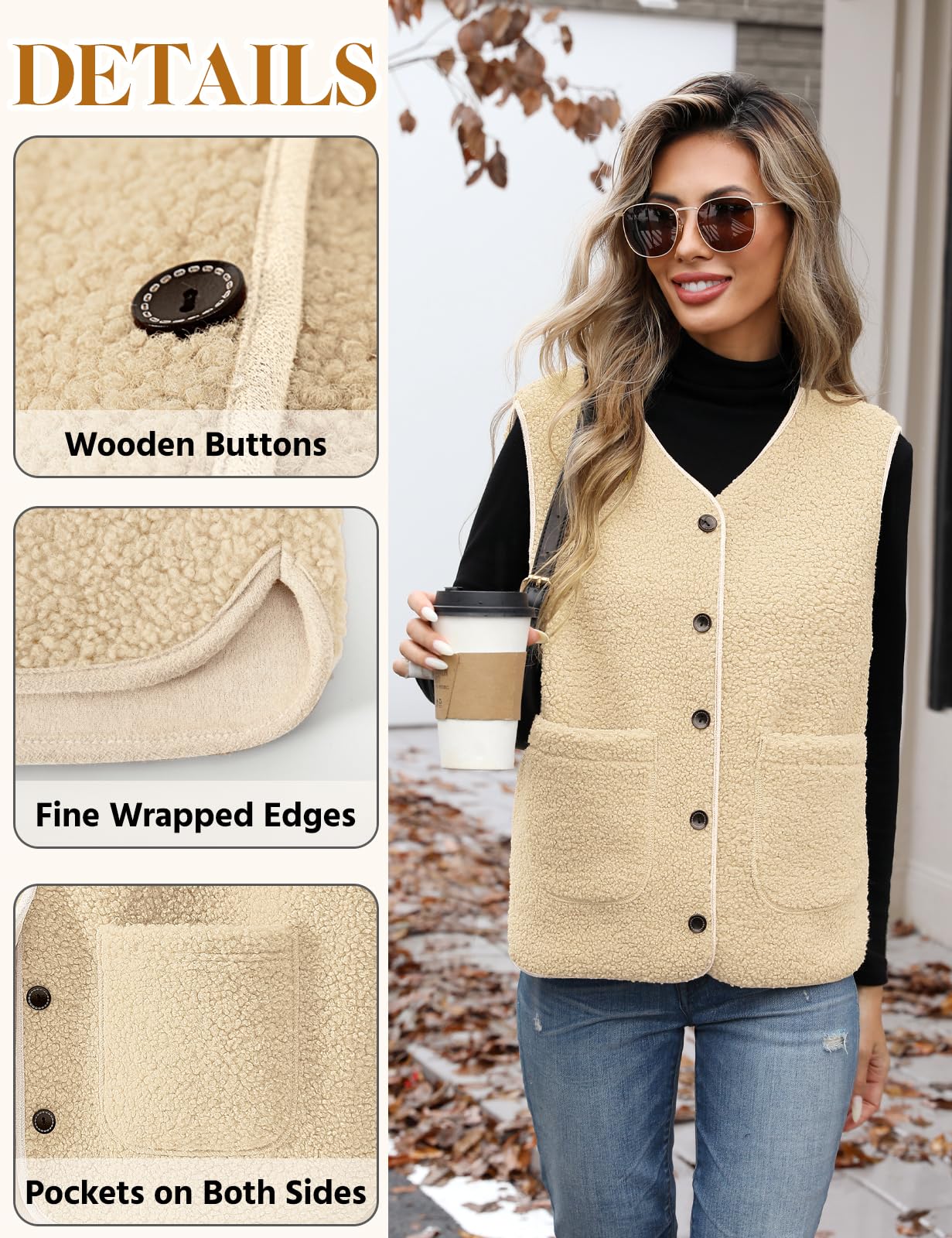 Yuson Girl Gilet Femme sans Manche Veste Polaire Chaud Manteau Automne Hiver Sherpa Waistcoat Casual Outdoor Gilets Blousons Couleur unie sans Manches Bouton Veste avec Poches