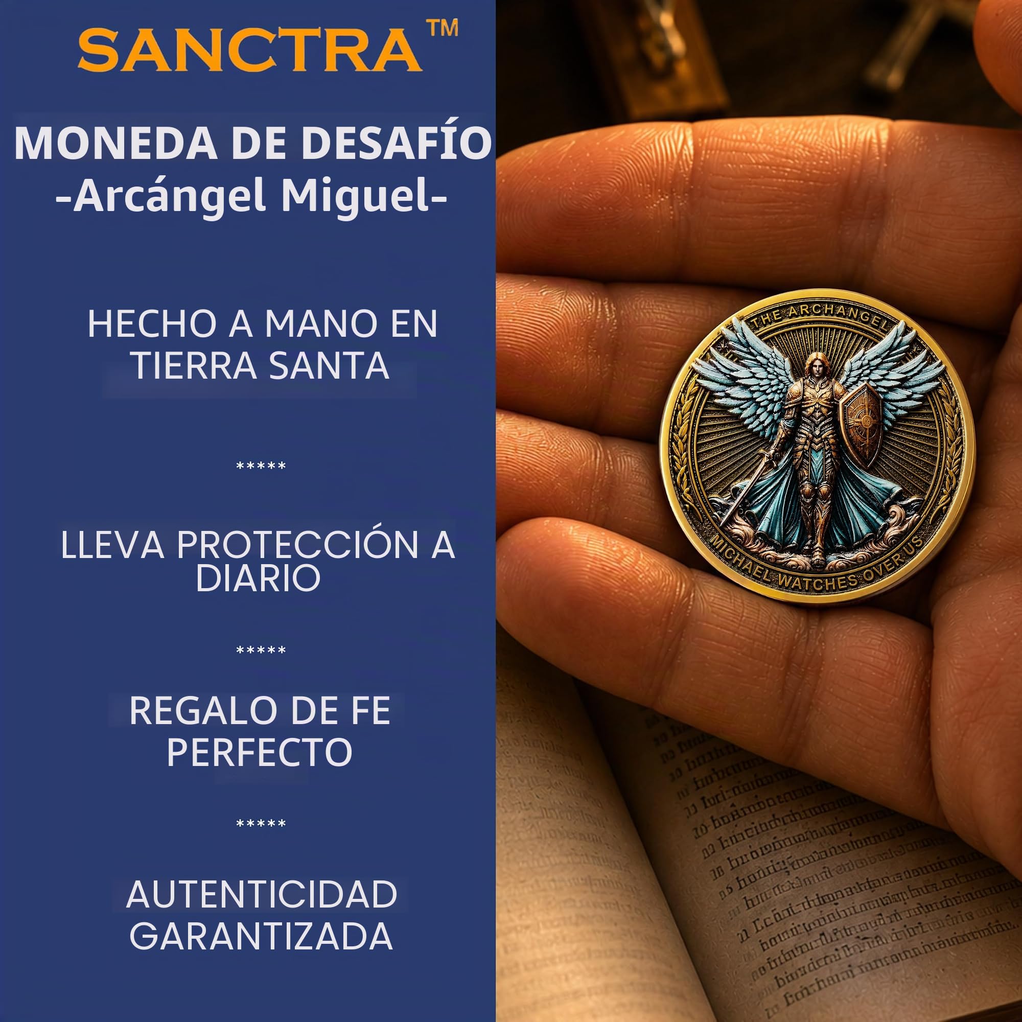 Moneda de desafío del Arcángel Miguel, bendecida en Tierra Santa, Hecha a Mano, Salmo 91:10-11. Colección Religiosa con Estuche Protector. Original con Bolsa de Regalo y Certificado.
