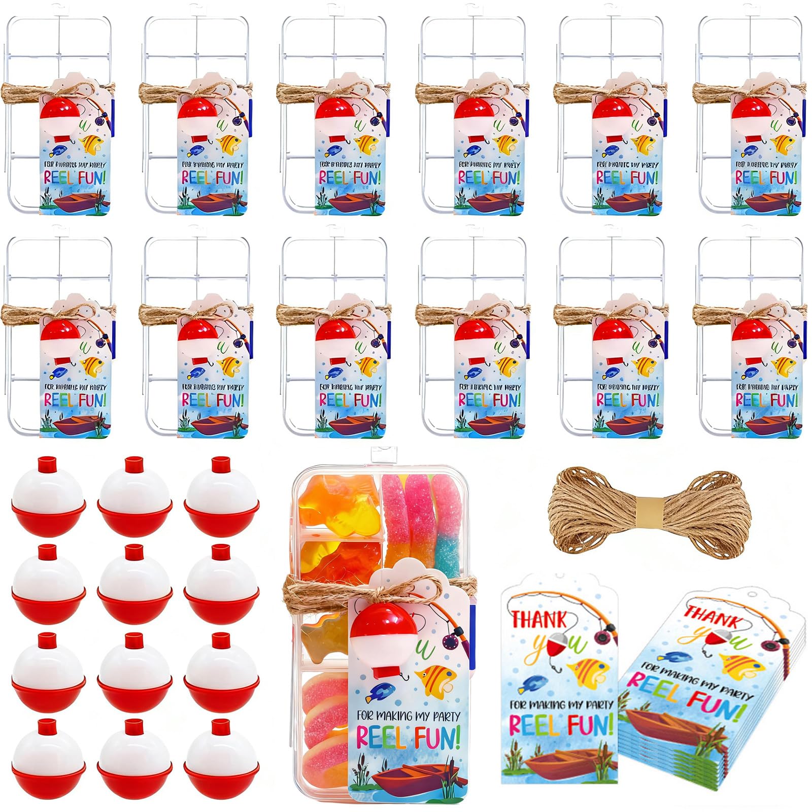 Photo 1 of 12 Set Fishing Candy Little Tackle Boxes for Birthday Party Favors with 12 Fishing Bobber 12 Thank You Cards for Making My Party Reel Fun Gone Fishing Theme Supplies Fishing Decorations (12)