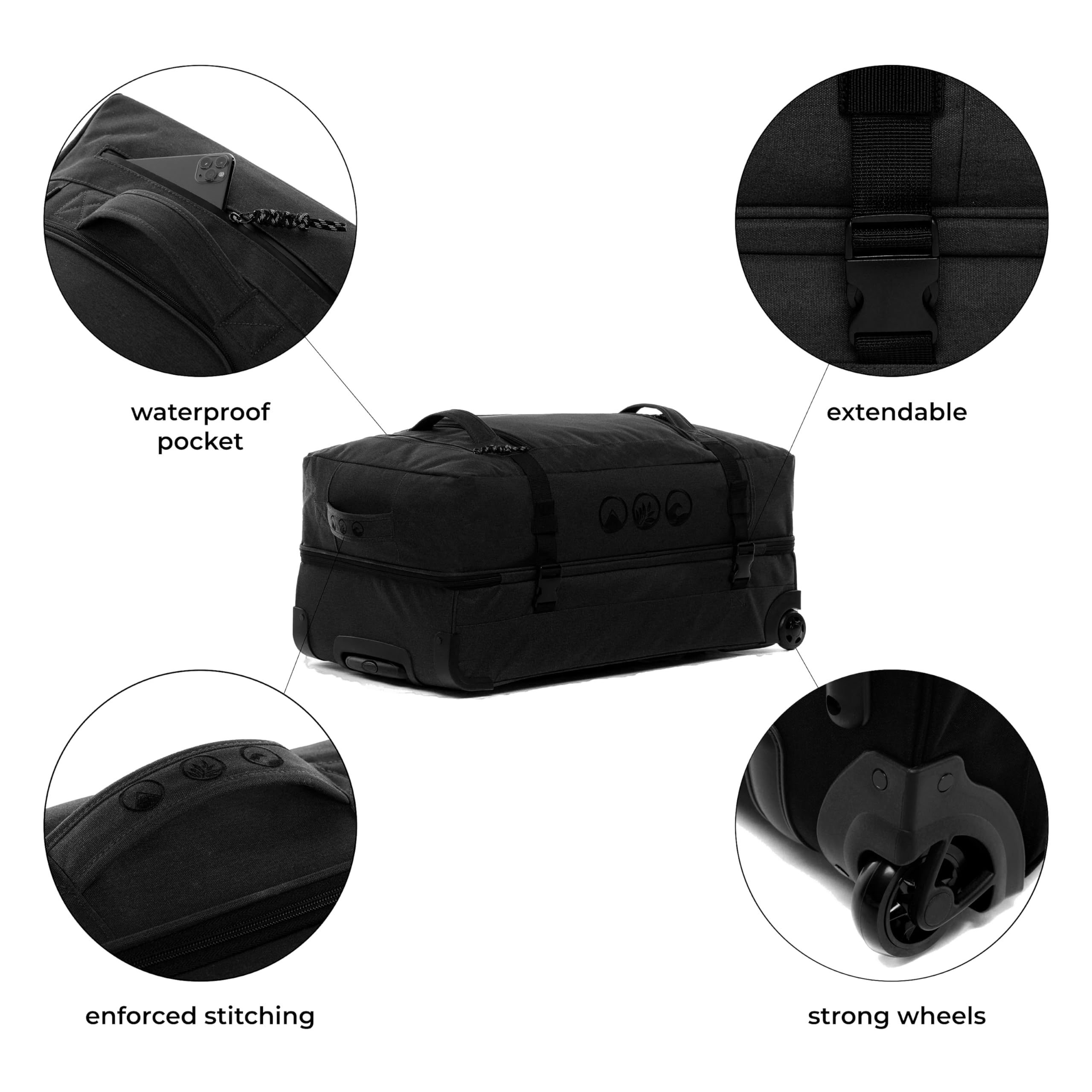 SONS OF ALOHA XXL Reisetasche mit 2 Rollen Kane Rollkoffer 80 cm Koffer Sporttasche Reise-Trolley recyceltes Meeresplastik 140L, schwarz