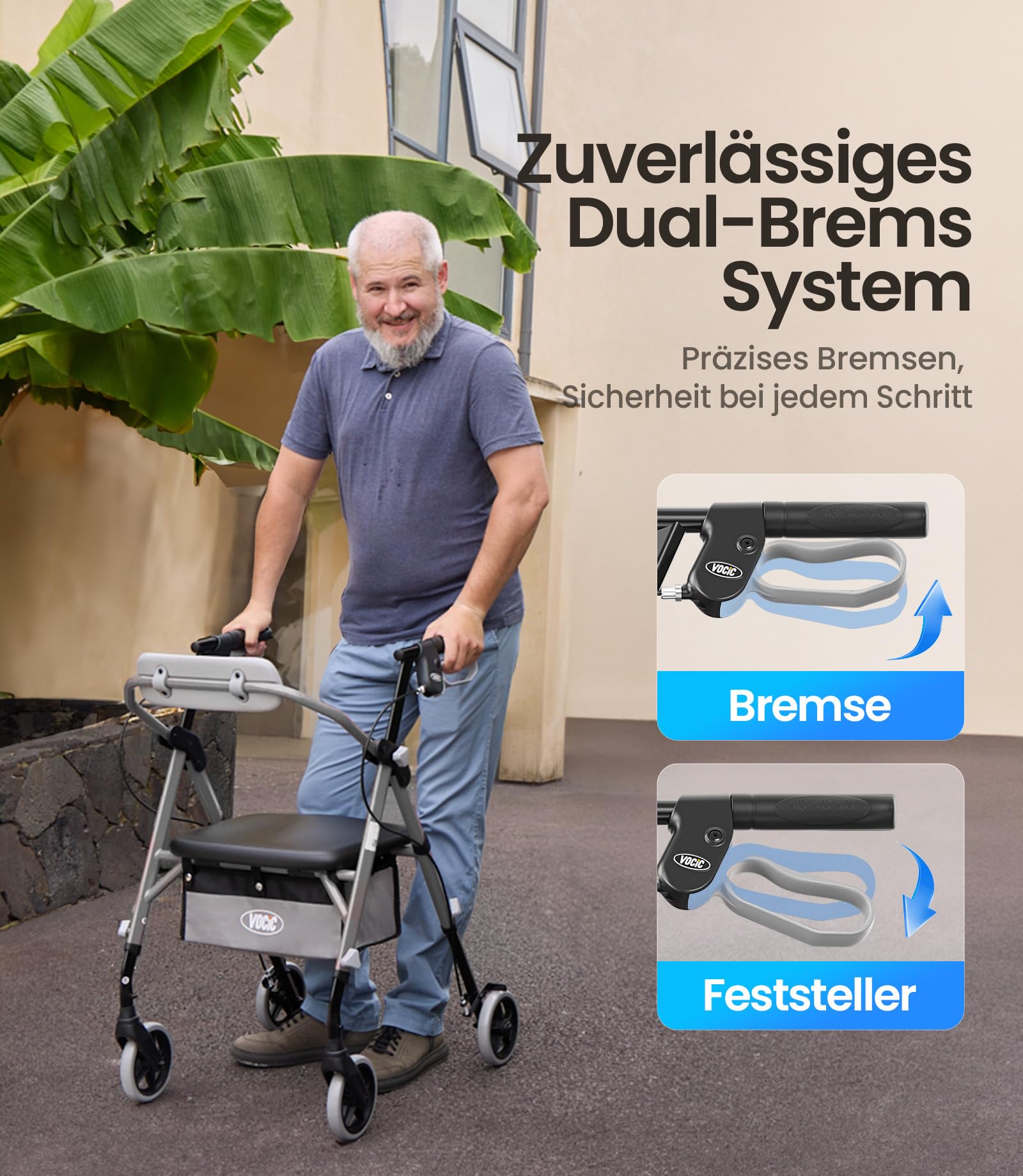 VOCIC Rollator faltbar und leicht mit Sitz, 6,3kg Ultraleicht für Senioren | Rollator klappbar, Max 150 kg, Ergonomischer Sitz, höhenverstellbar, Walker schmal für wohnung & Reise,Silber