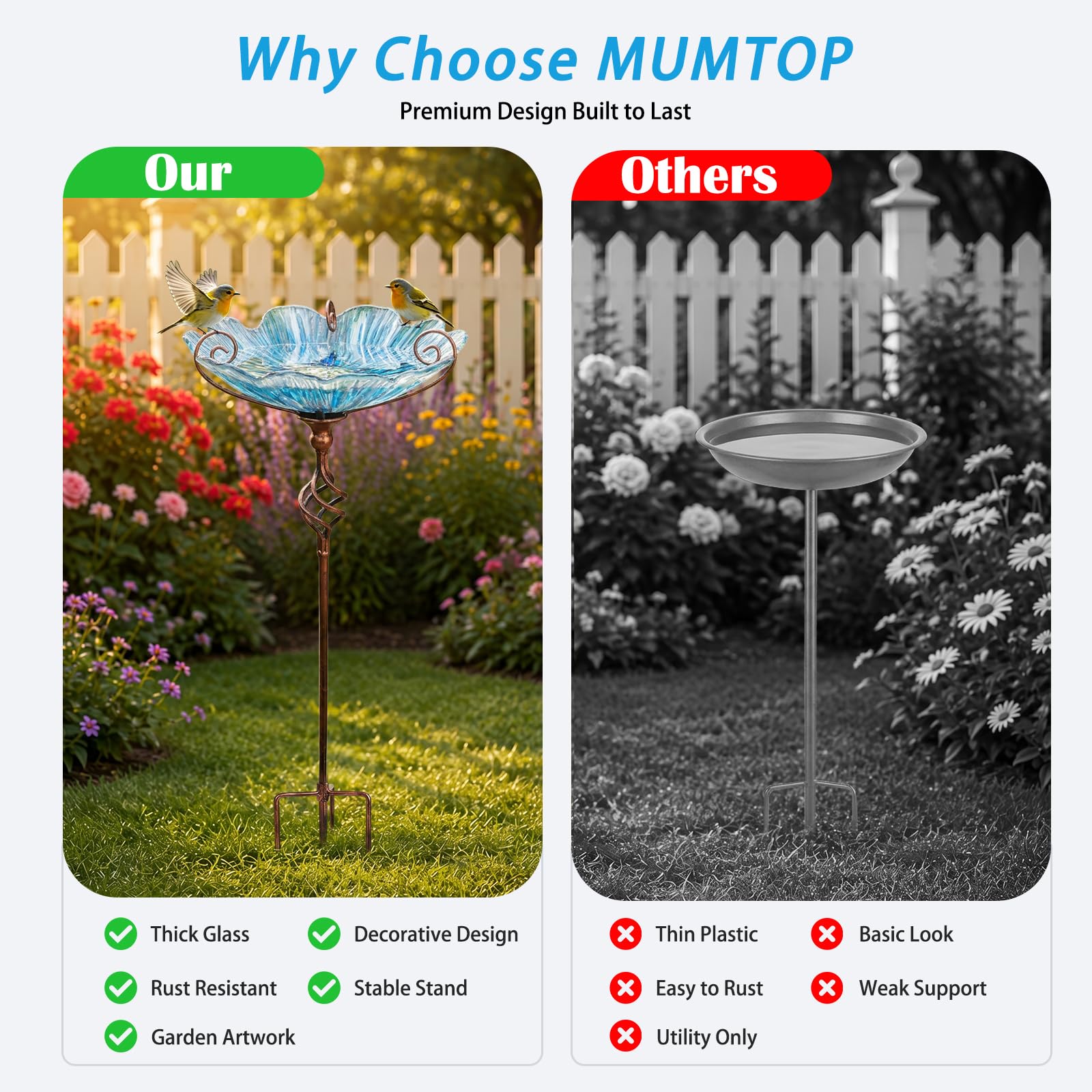 MUMTOP Comedero para pájaros de cristal de 31 pulgadas de altura con estaca de metal para jardín al aire libre