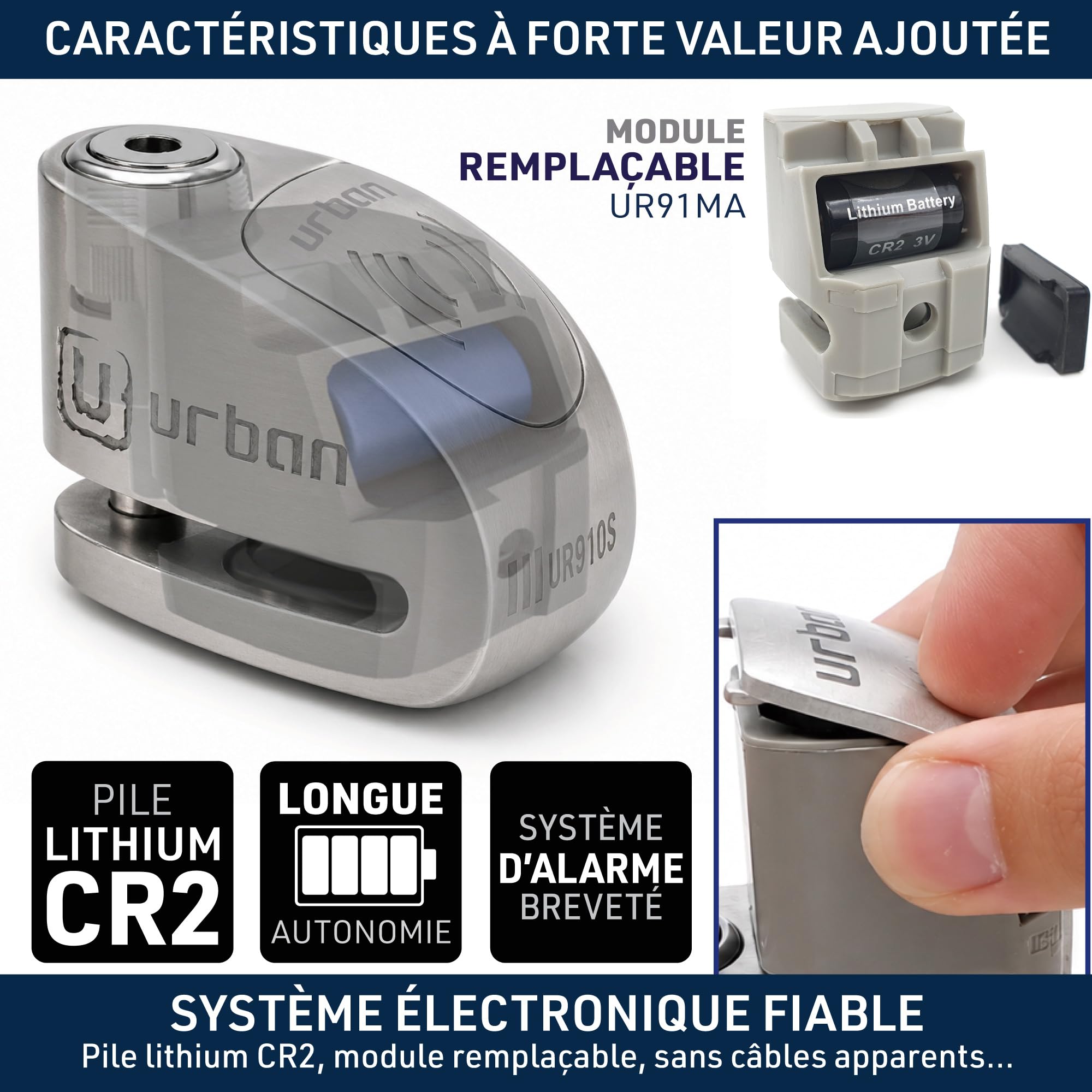 URBAN UR910S Antivol Moto Homologué SRA, Bloque Disque avec Alarme Hi-Tech | 120 dB, X2 ON | Pile CR2, Câble Rappel, Serrure Haute Sécurité, Bloc Double Verrouillage ø10mm, Acier Inoxydable