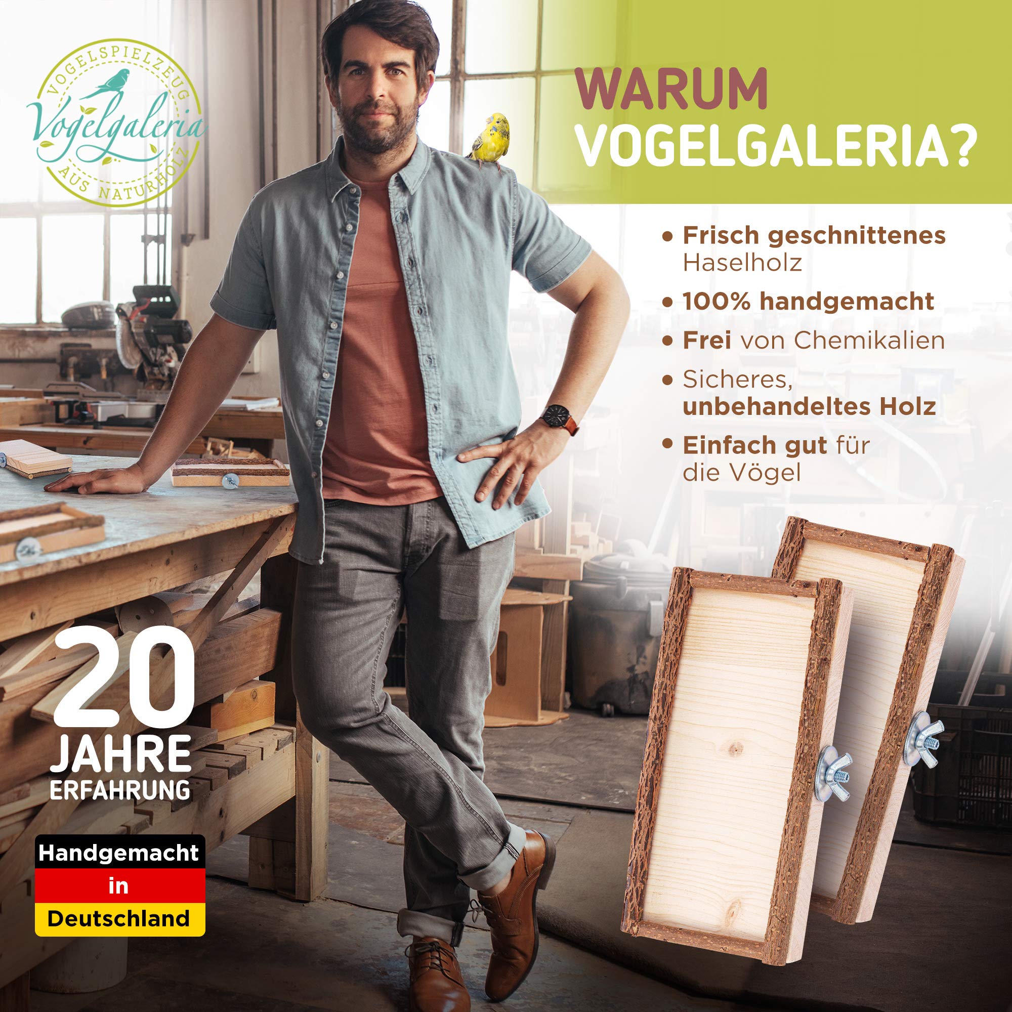Vogelgaleria zestaw 2 desek platform do siedzenia 10 x 20 cm z naturalnym drewnem dla ptaków takich, jak kogut papuga falista itp. Idealne akcesoria do klatki, z materiałem do montażu