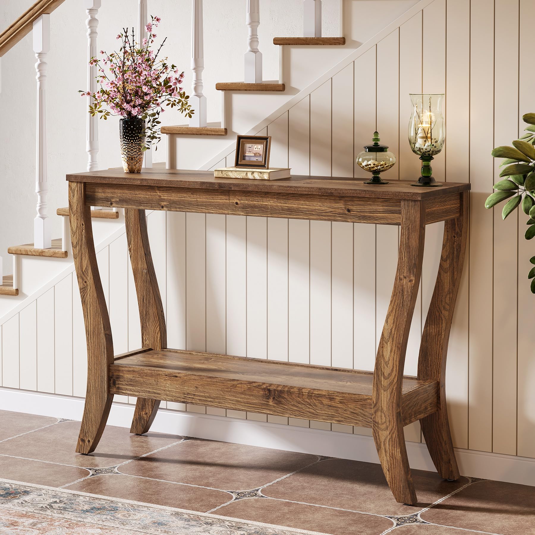 Tavolo consolle in legno massiccio con vano portaoggetti, 105 cm, tavolino da corridoio con ripiano, divano a 2 livelli, in legno, per soggiorno, corridoio, ingresso, marrone