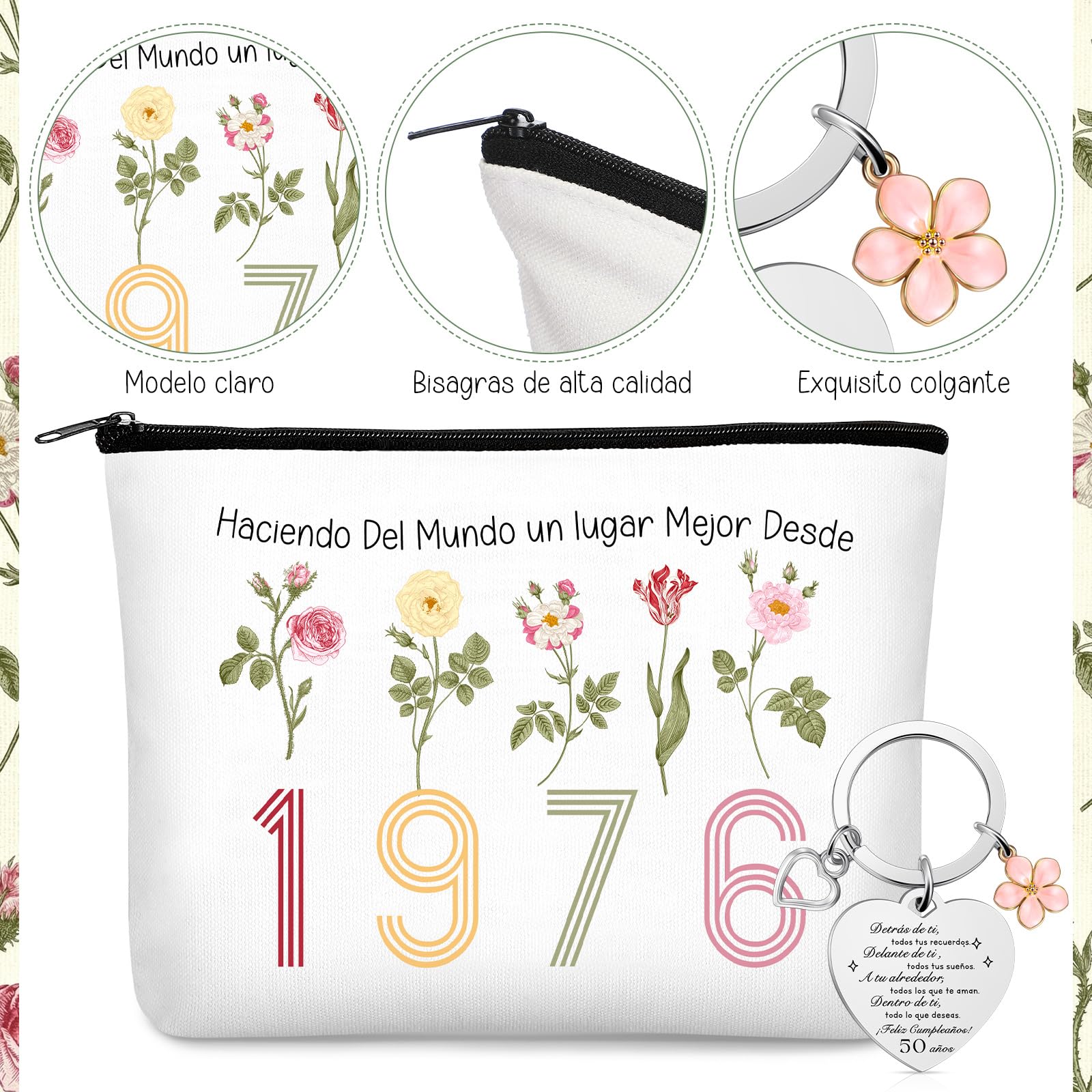 Xuniea Regalo Cumpleaños para Mujer, Bolsa de Maquillaje Arcoíris, Bolsa de Lona, Llavero de Acero Inoxidable, Regalo para Cumpleaños Aniversario Despedida Navidad (50 Años)