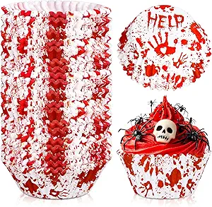 300Pcs Halloween Cupcake Liners Bloody Handprint Paper Baking Cups White Red Scary Handprint Standard Muffin Cupcake Wrappers for Party Supplies Table Decor