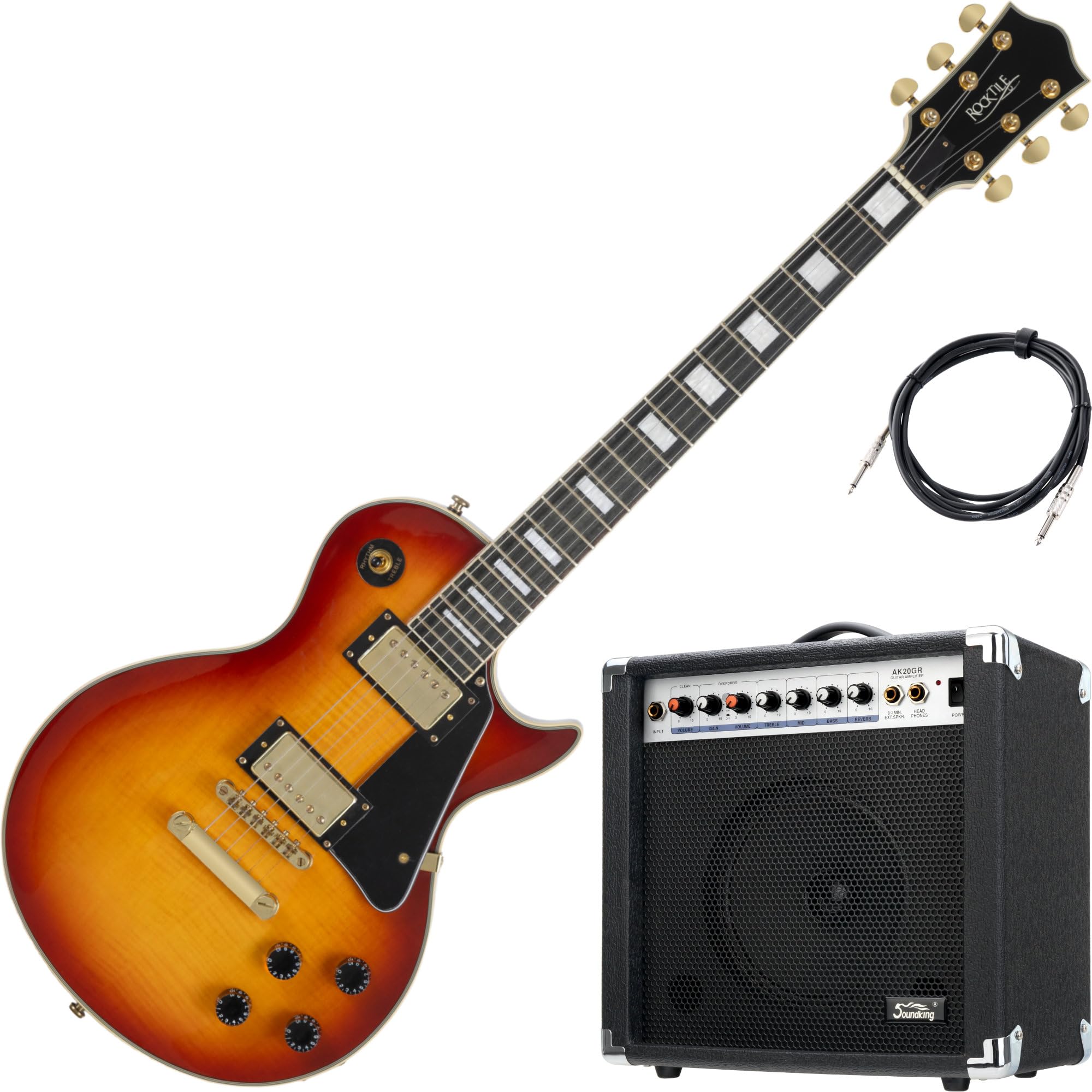 Rocktile Pro L-200OHB E-Gitarre Set – Single Cut in Orange Honey Burst mit Humbucker, Mahagoni-Korpus & 60W Verstärker AK20GR – Anfänger & Fortgeschrittene – Komplettset inkl. Kabel & Combo-Verstärker