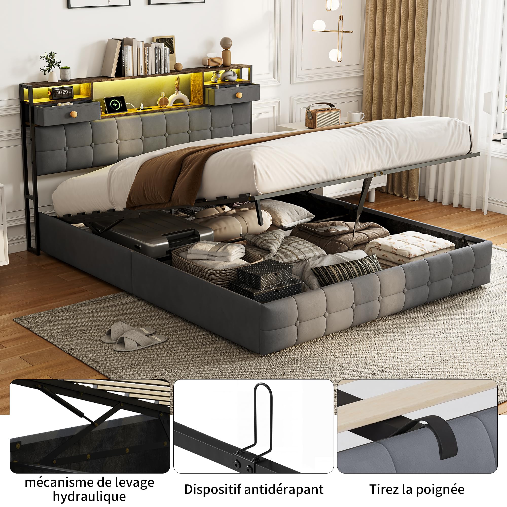Cama maletero de 160 x 200 cm, LED/USB cama de 2 plazas, cabecera con 2 cajón, aplicable para familias, búsqueda de almacenamiento óptimo, privilegiante ambiente y espacio limitado (gris, 160 x 200 cm