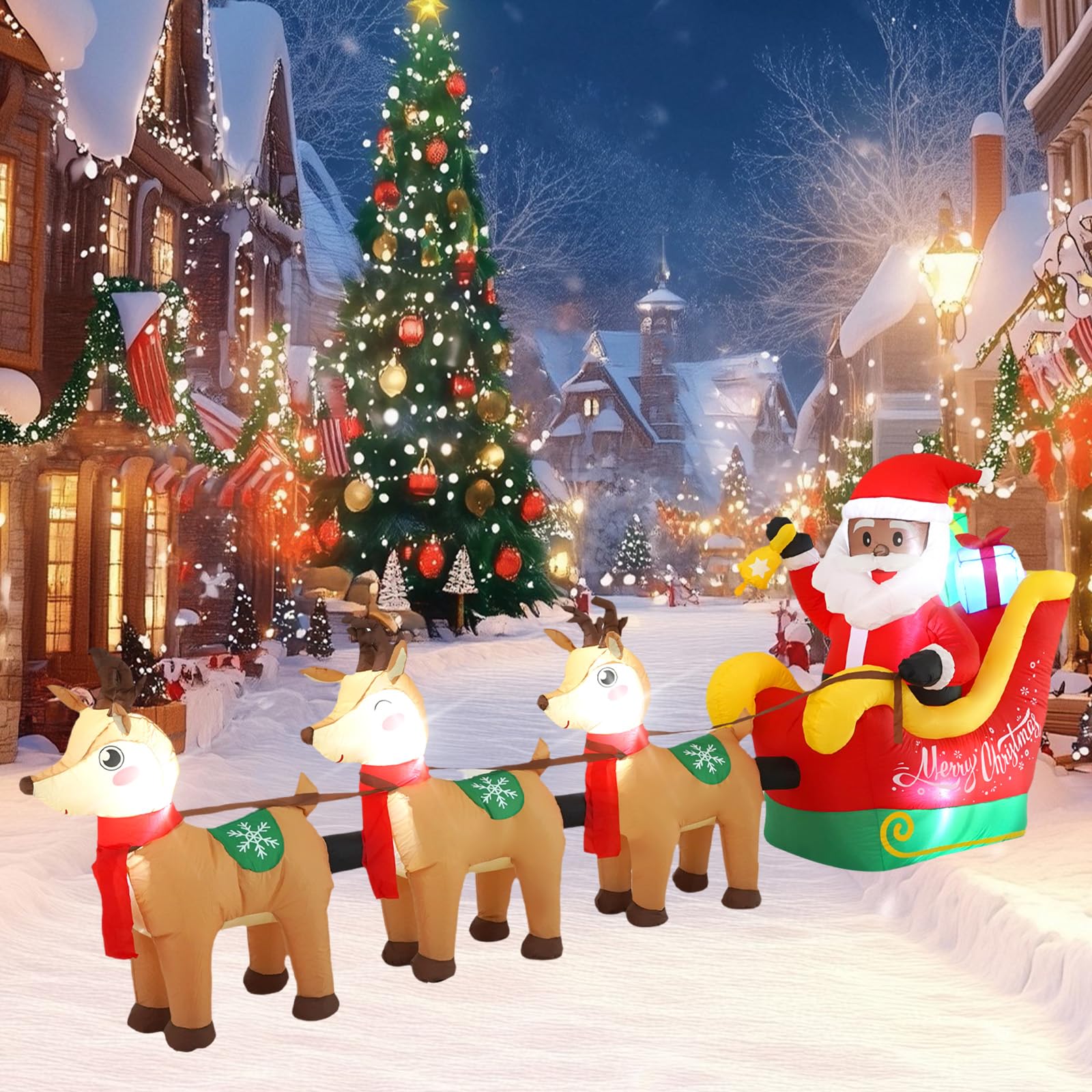 Sanlu Traîneau de Père Noël gonflable d'extérieur avec lumières LED pour décoration de fête de Noël, décoration de jardin d'hiver, 3,7 m