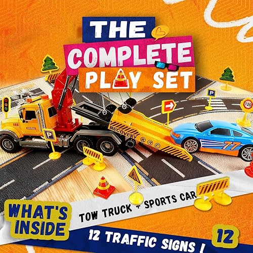 Miniatura 3 de SMILESSKIDDO Juguetes para niños pequeños de 3, 4, 5, 6 años, camión de remolque grande de fricción 112 con luz y sonido, coche deportivo y señales