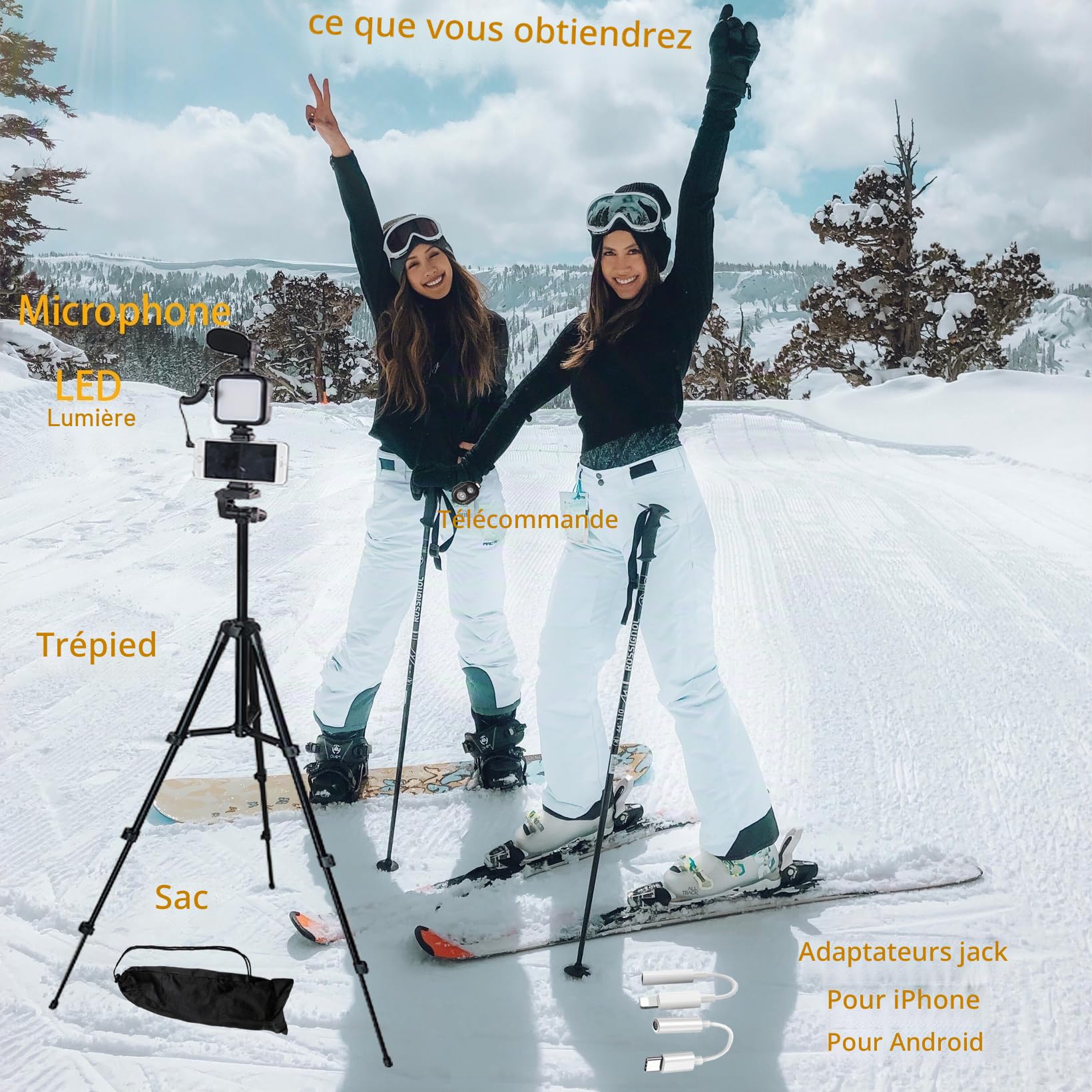 Kit vidéo pour smartphone, kit de vlogging, kit Youtuber, avec microphone et trépied de lumière de 127 cm, extensible, télécommande compatible avec iPhone/smartphone/appareils photo