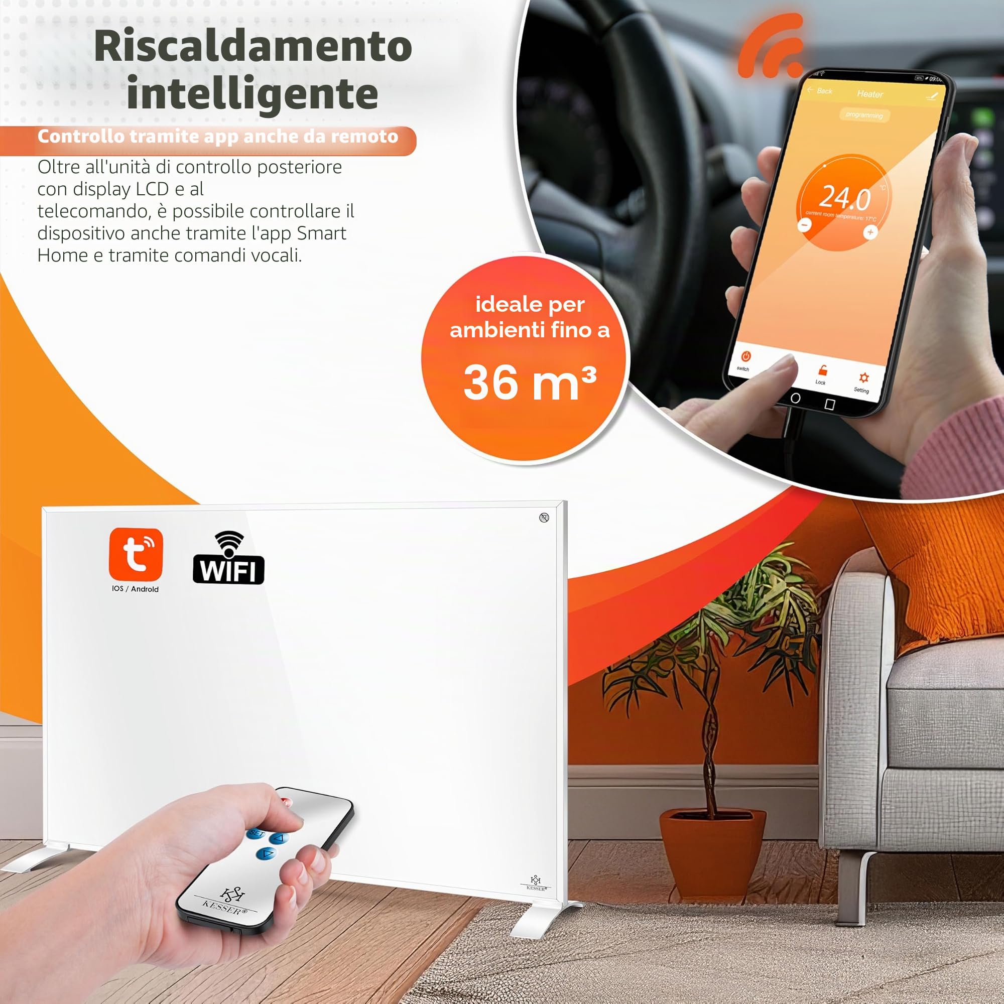 Riscaldamento a infrarossi KESSER® Risparmio energetico Riscaldamento elettrico a infrarossi da appoggio e da parete 550 W con telecomando Termostato e controllo tramite app Elettrico