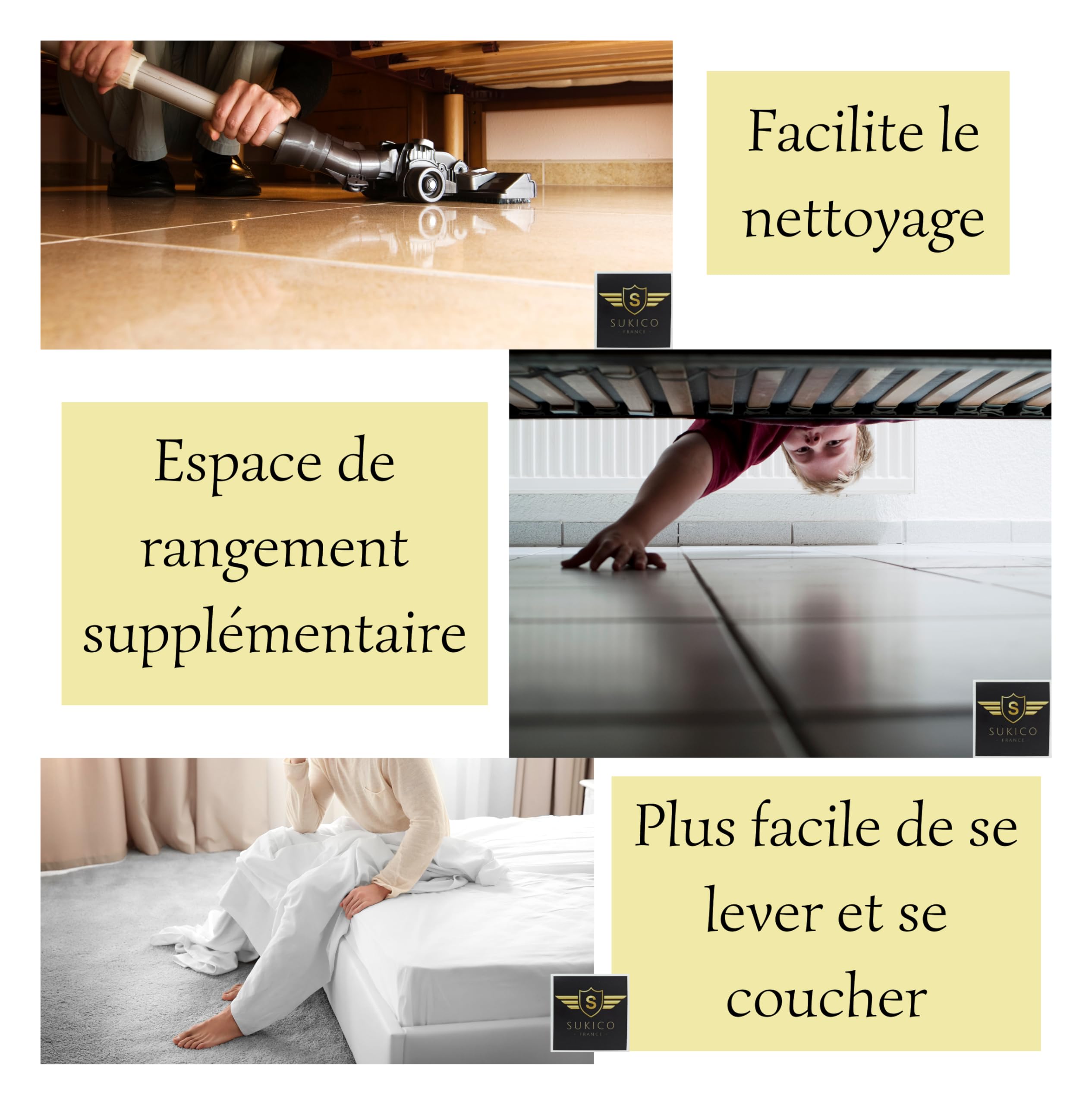 SUKICO 4 Pieds De Lit 25cm Hêtre Massif Vernis - Patins Feutre Inclus Pour Sommiers Tapissiers