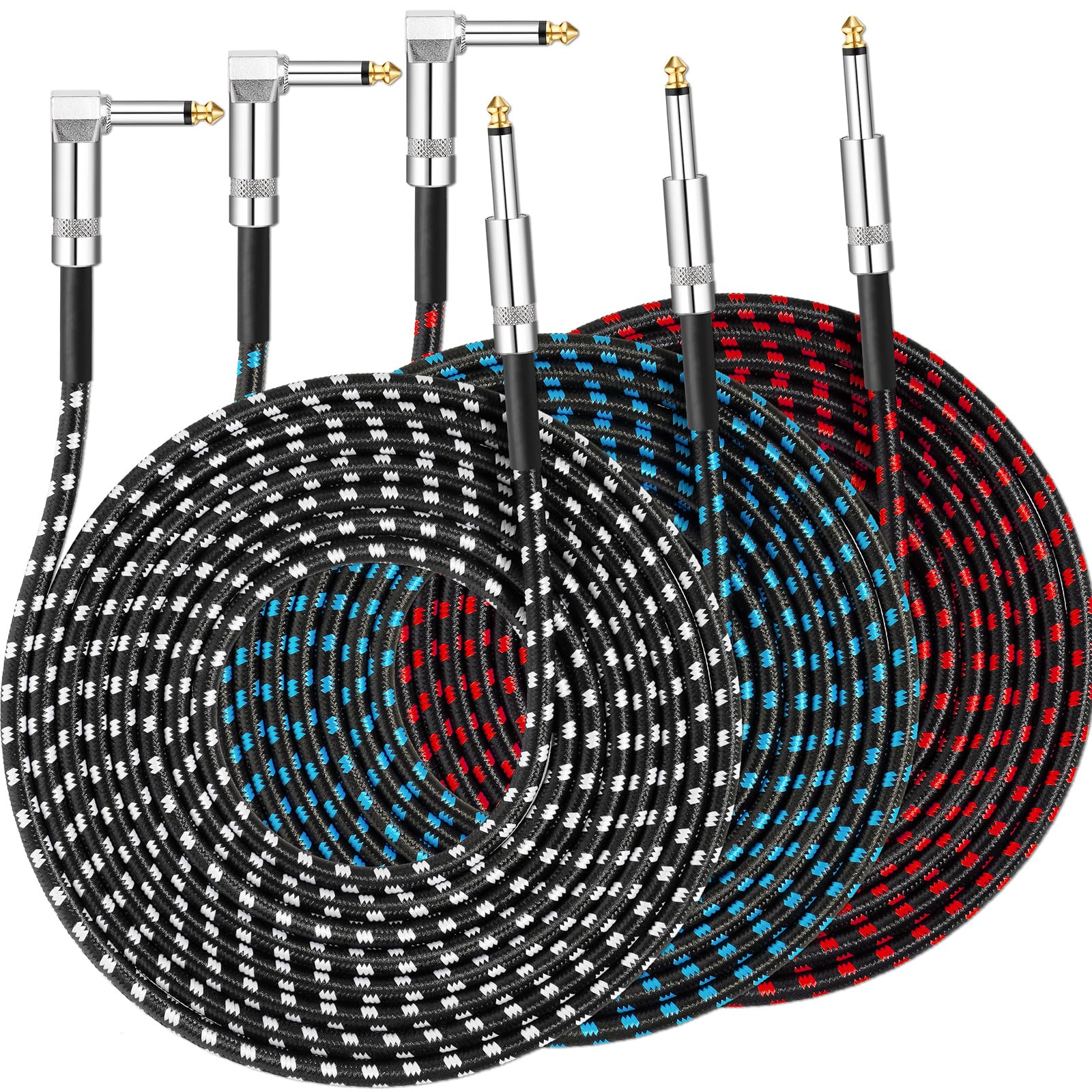 Tomorotec 3-Pack 10ft Braided Guitar Cables for Electric Guitar, Bass, Microphone, Speaker, Mixing Console, 1/4" Interface Instrument Cables with