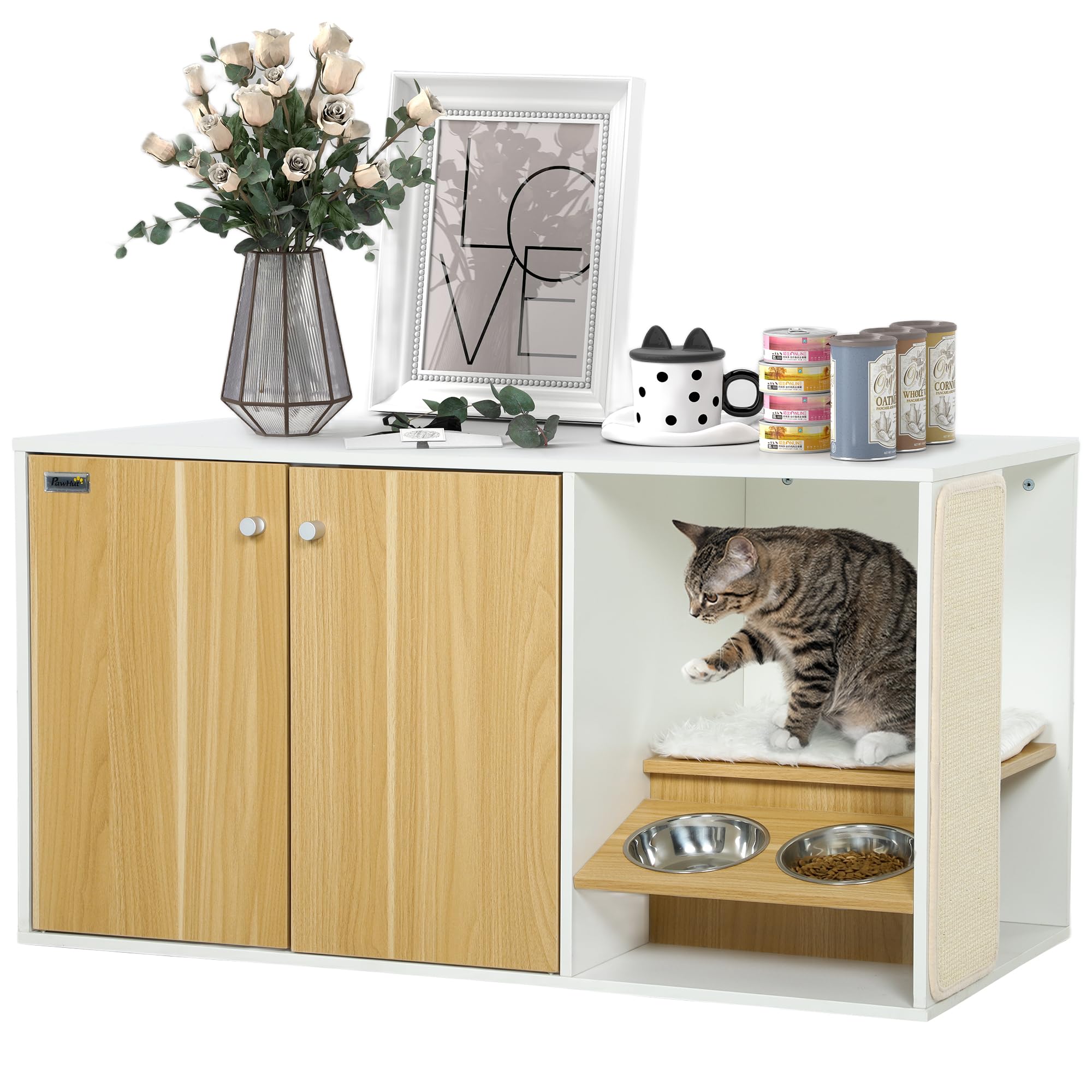 PawHut Mueble Arenero para Gatos 3 en 1 Nido Arenero para Gatos con Puertas Caja de Arena Cojín Compartimento y Tazones Almohadilla para Rascar para Salón Dormitorio 95x48x50,5 cm Blanco y Roble