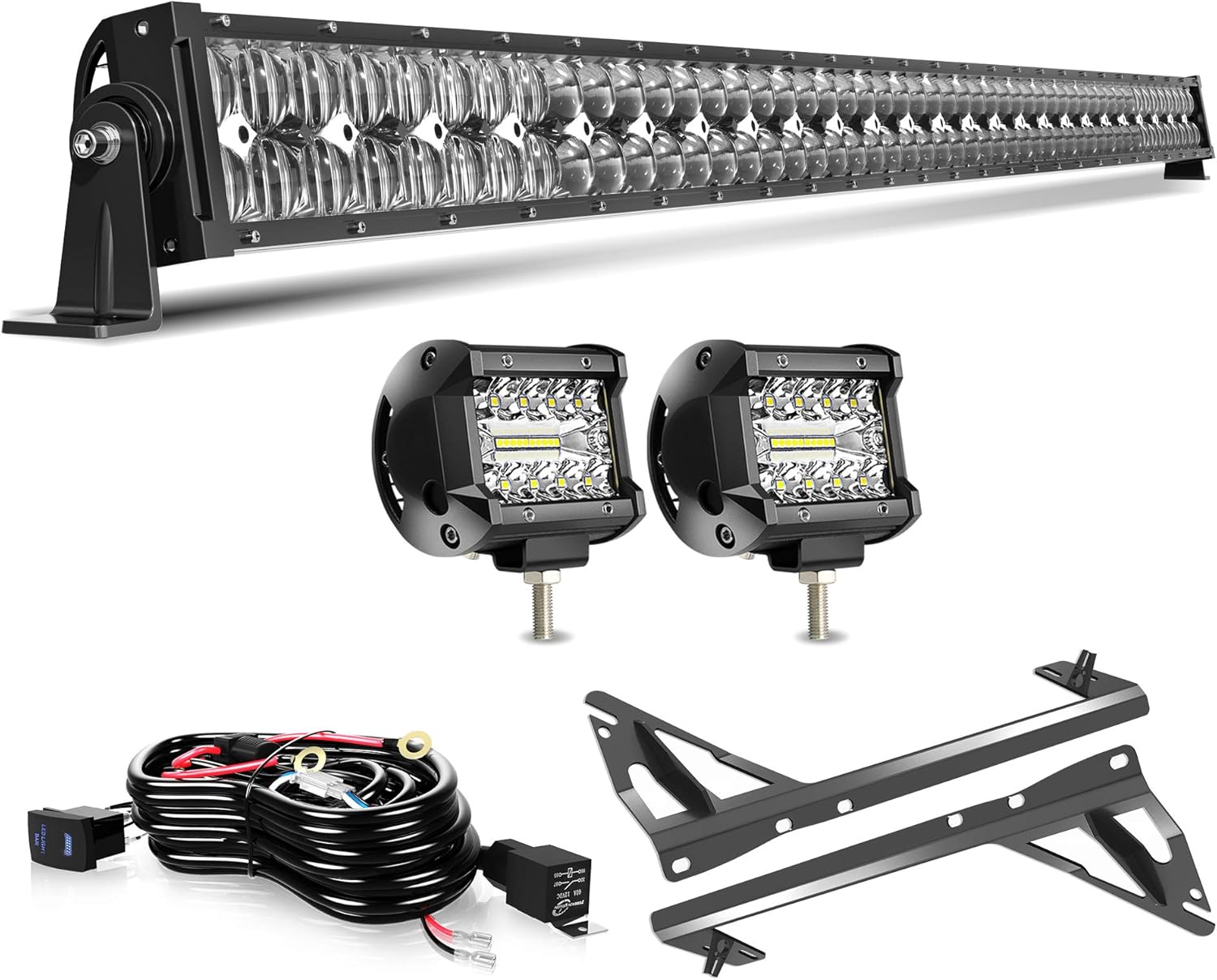 DOT 52Inch 300W 5D Led Light Bar Off Road Driving Light Combo Beam +2X 4Inch Led Triple Row Cube Pods W/Rocker Switch Wiring Kit and Upper Roof Windshield Mounting Brackets for 2007-2018 Wrangler Jk 52 Inch