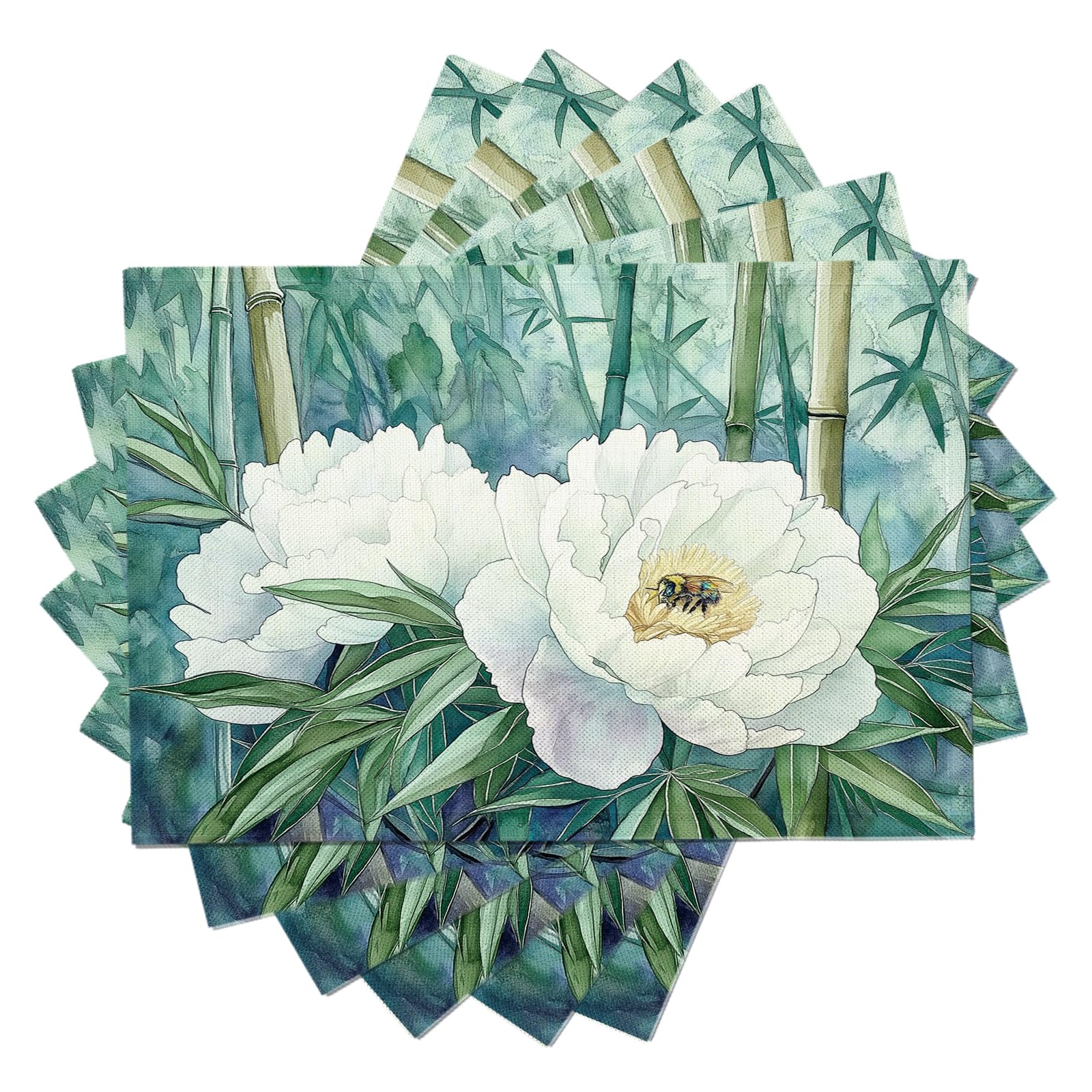 Set di 8 Tovagliette Americane Lavabili Cotone Lino Acquerello - Tovaglietta Americana Resistenti al Calore Durevole Peonia bianca - per Colazione Pranzo 30×45 cm