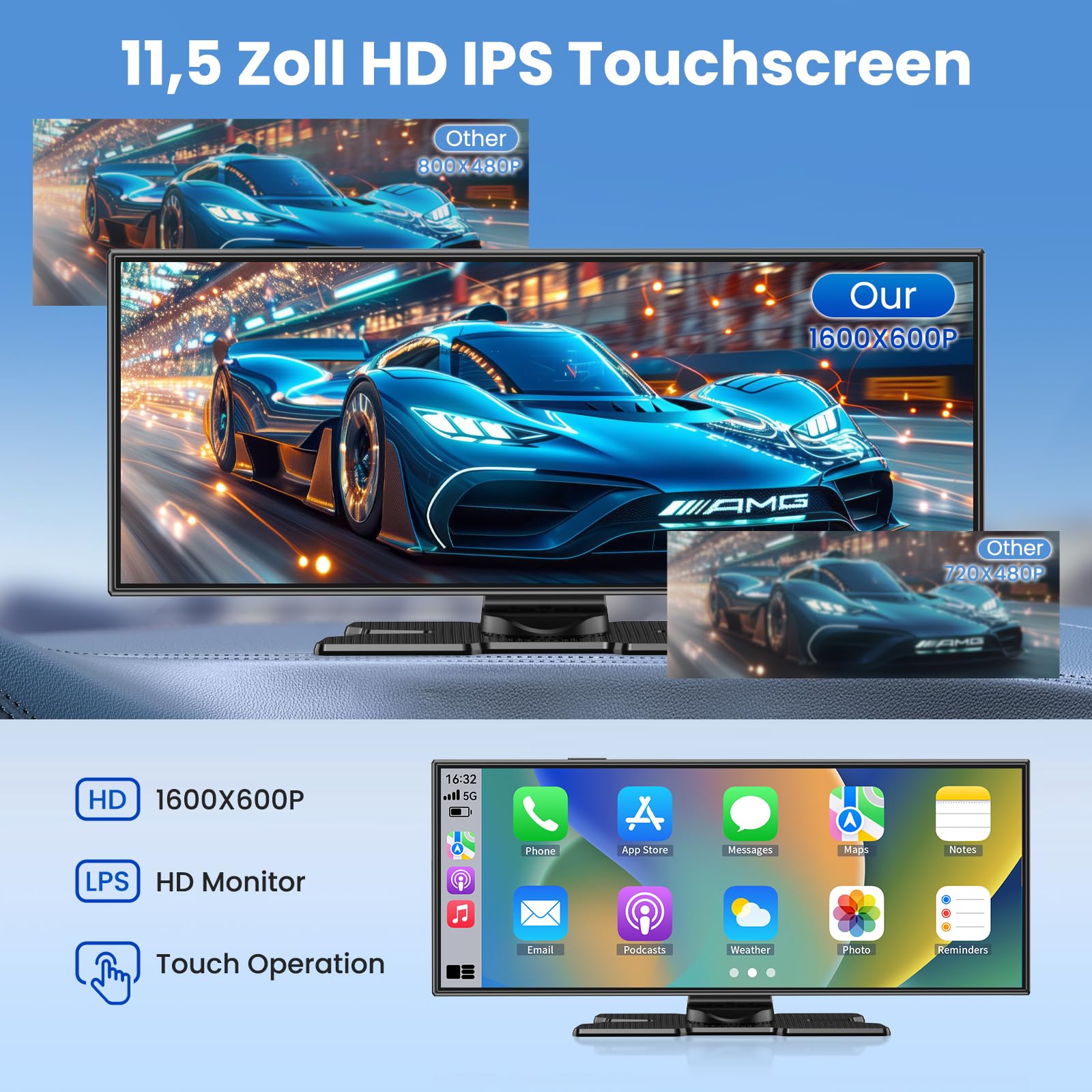 11.5 Zoll CarPlay Display für Apple CarPlay & Android Auto,Car Play IPS Touch Screen Kabelloses Carplay Android Auto Bildschirm mit AUX/FM,4K DashCam,1080P Rückfahrkamera,Mirror Link,Bluetooth