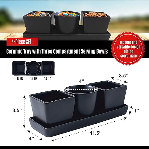 Miniatura 2 de Bruntmor Juego de 4 cuencos de porcelana cuadrados con asas con bandeja en negro, chips de porcelana y cuencos de inmersión, juego de platos