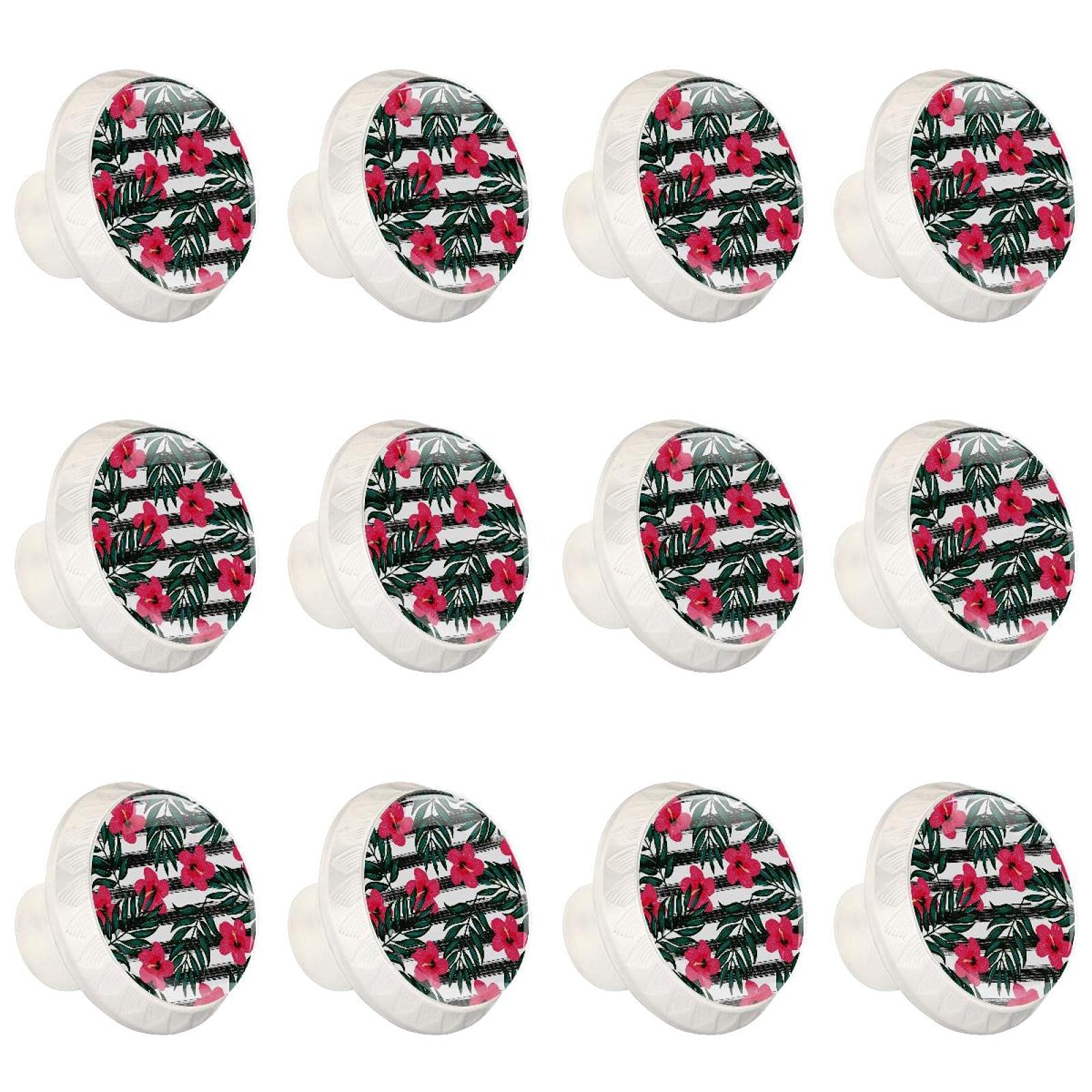 Boutons d'armoires de cuisine ronds à motif de feuilles tropicales et fleurs rouges x12