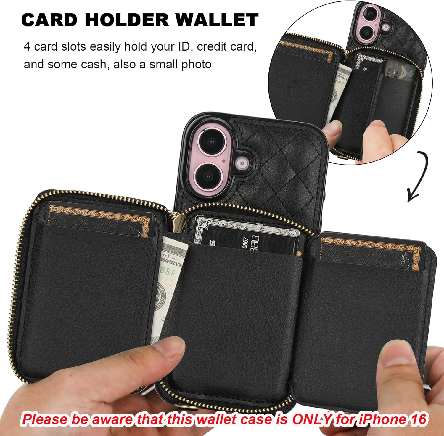 Bocasal Crossbody Wallet Case for iPhone 16, RFID Blocking PU Leather Zipper Handbag Purse Flip Cover, Kickstand Folio Case with Card Slots Holder Wrist Strap Lanyard 5G 6.1 Inch (Black) - Image 4